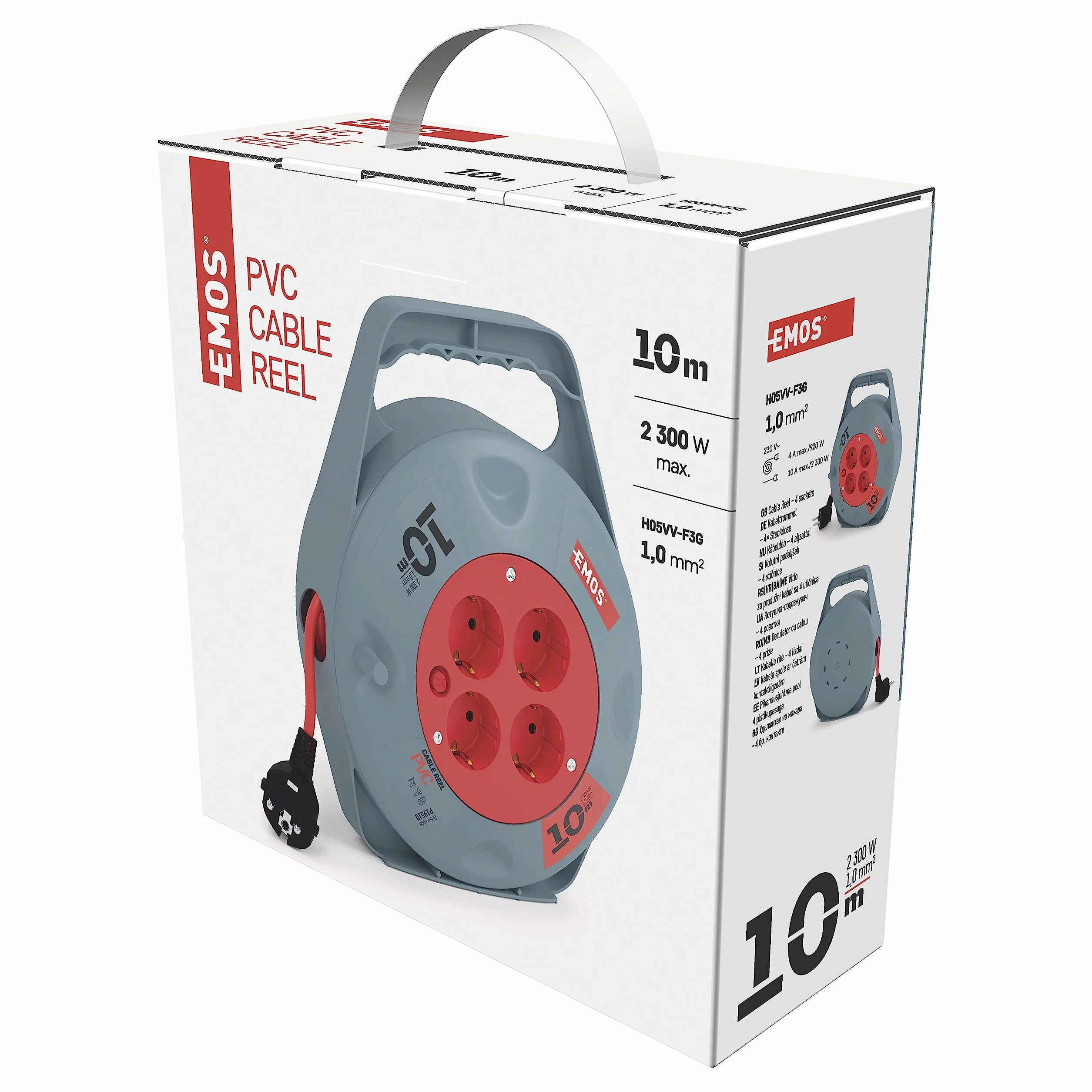 EMOS Mini enrollador de Cable 10 m 4 enchufes Schuko 230 V 10 A 2300 W H05VV-F3G 1,0 mm2 IP20