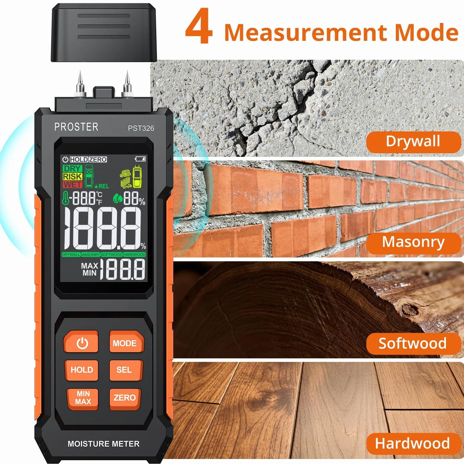 Proster Medidor de Humedad de Madera Probador de Humedad 2 EN 1 con y sin Pin Humidímetro Digital con 4 Modos y Temperatura y Humedad Ambientales para Madera y Materiales de Construcción