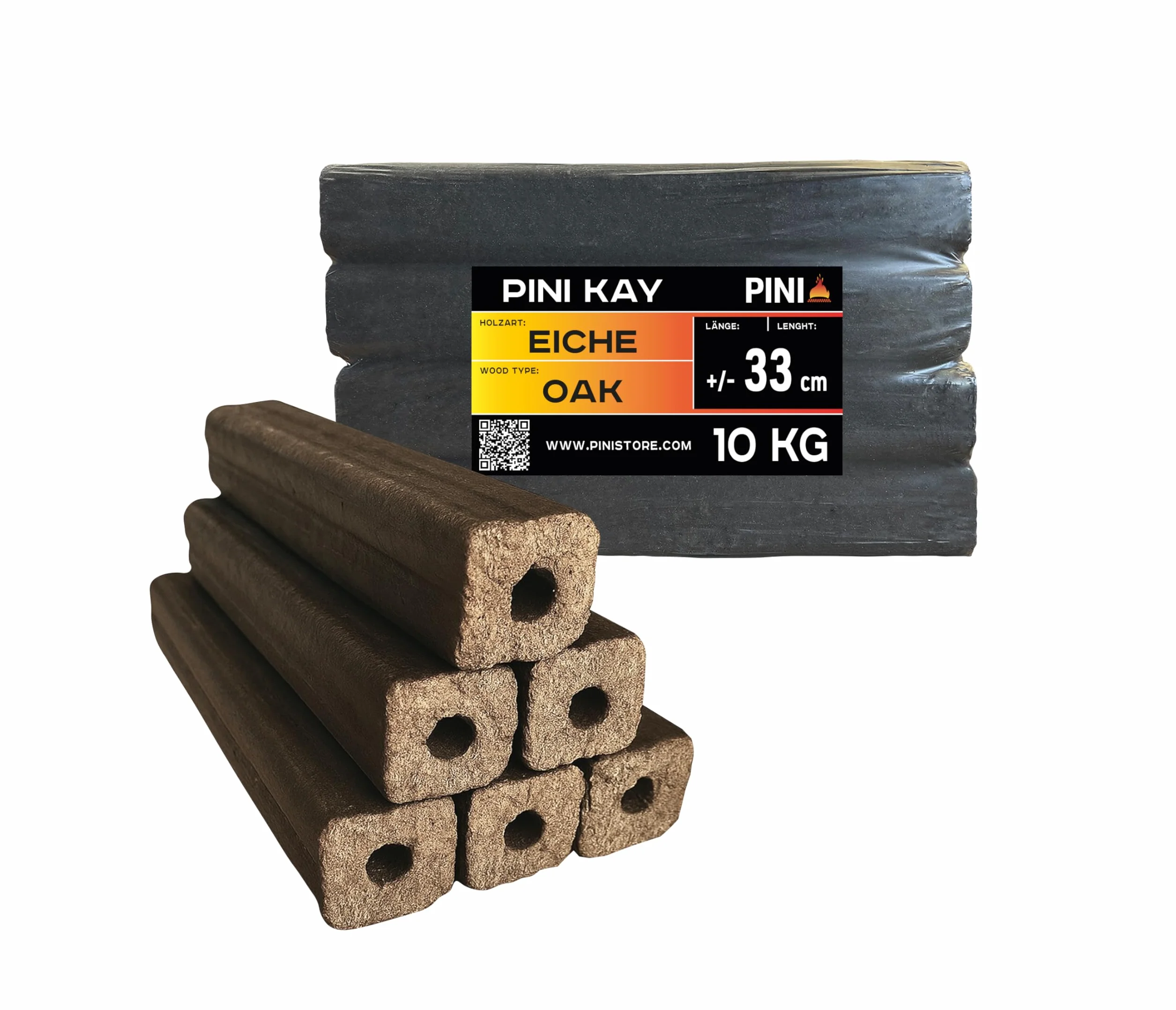 PINI Kay Briquets de roble de 33 cm de largo, cuadrados con orificio de extracción, 10 kg de briquetas de madera dura, leña, briquetas de madera, roble, para chimenea, estufa, fogata, parrilla