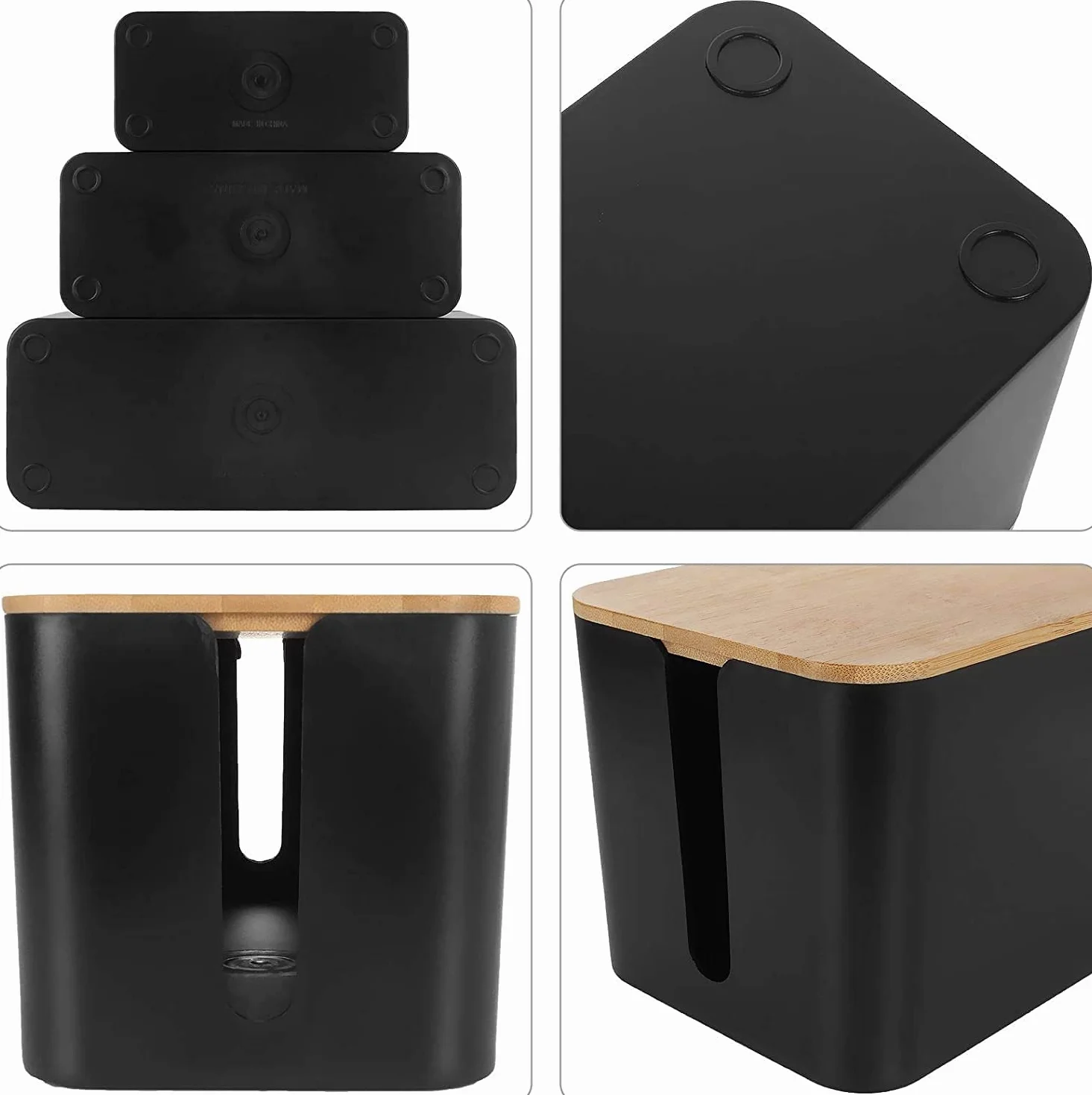 Caja Organizadora Cables con Tapa de Madera, 3 Piezas, Negra con Bridas, para Regletas Router Escritorio