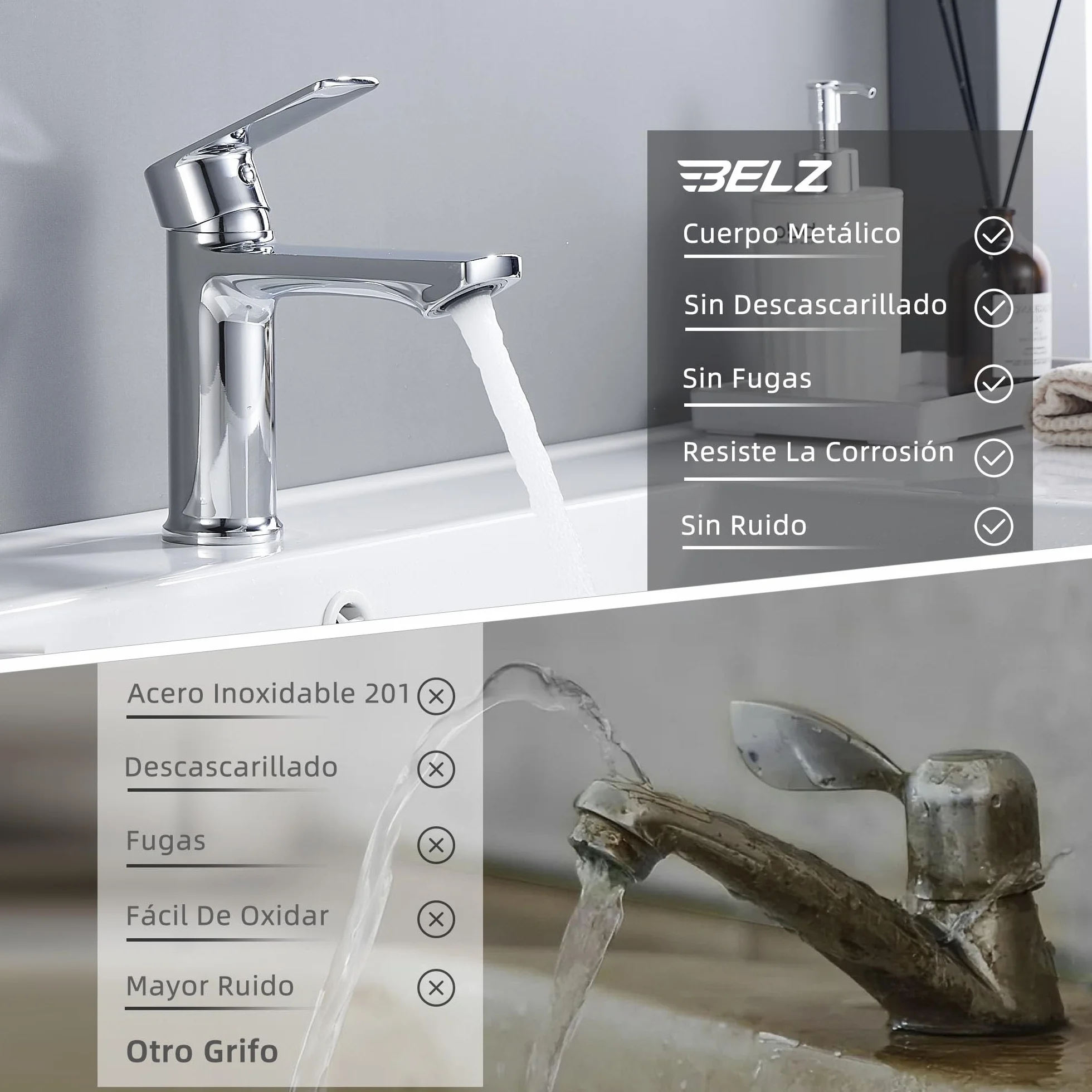 Grifo monomando de lavabo BELZ, cartucho cerámico, altura 96 mm, cromo