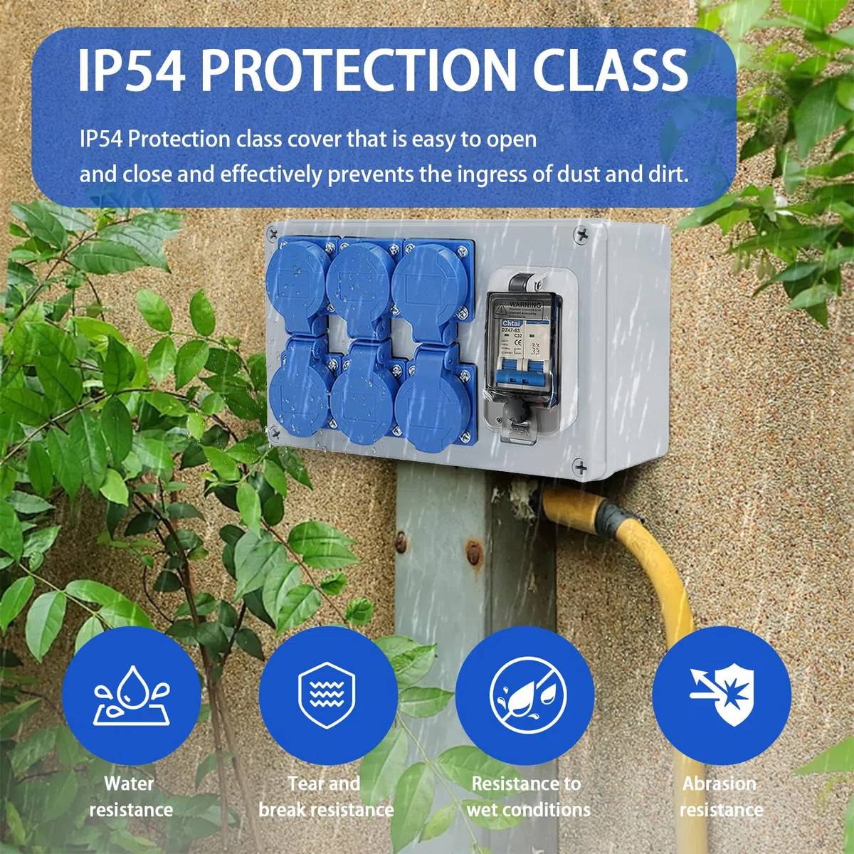 Distribuidor de Corriente para Construcción 250V, Distribuidor de Corriente de Pared 16A con Disyuntor, 6 Tomas, IP54 Estanco, Distribuidor de Energía Consumida para Talleres y Fábricas