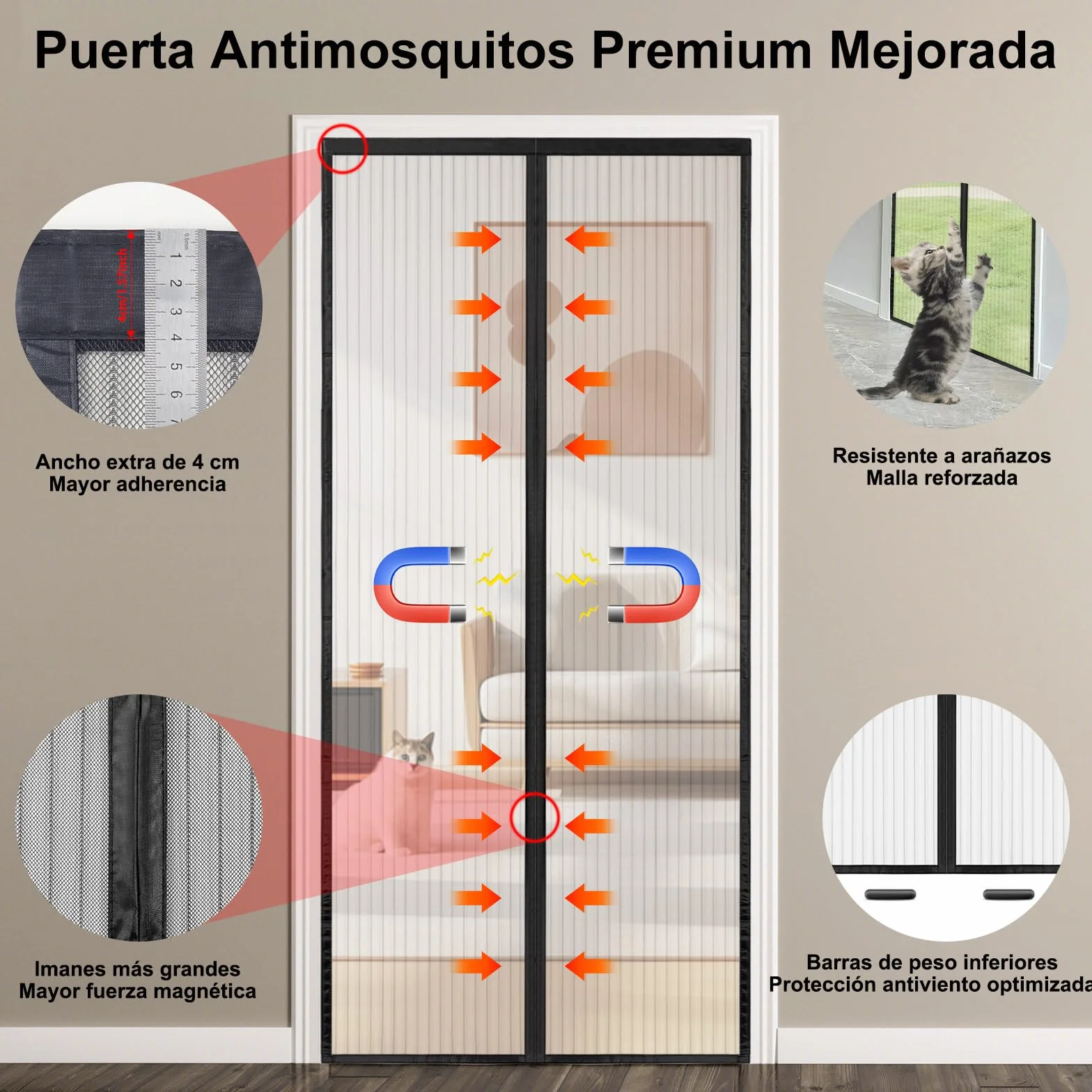 Versión Actualizada Mosquitera Puerta Magnética 170x200cm, Varios Tallas, Negro Cortina Mosquitera Puerta Exterior, Se Cierra Automáticamente, Fácil Instalación sin Taladrar