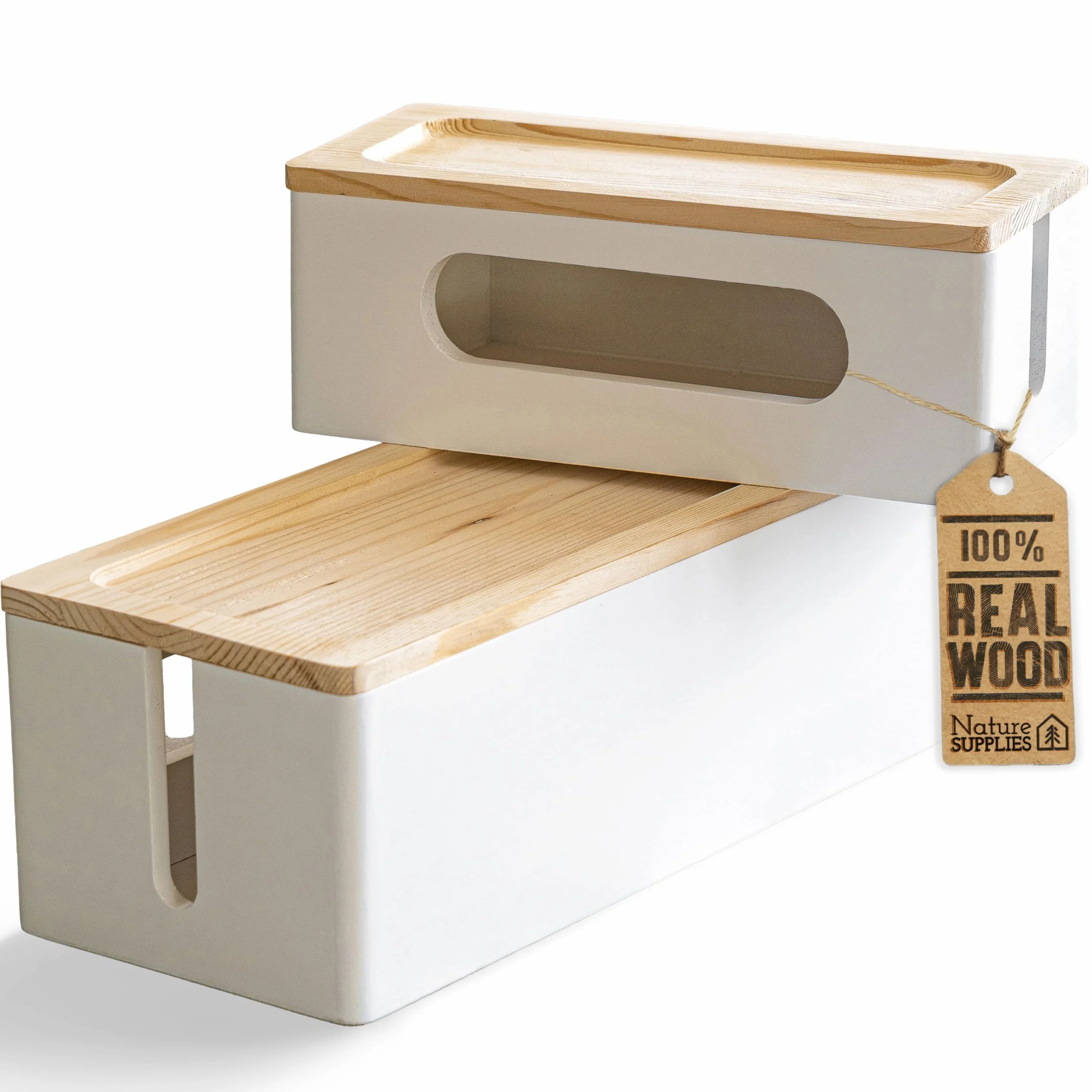 Nature Supplies Organizador de Cables de Madera de Pino Blanco - Caja Mediana para Escritorio y Grande para Piso