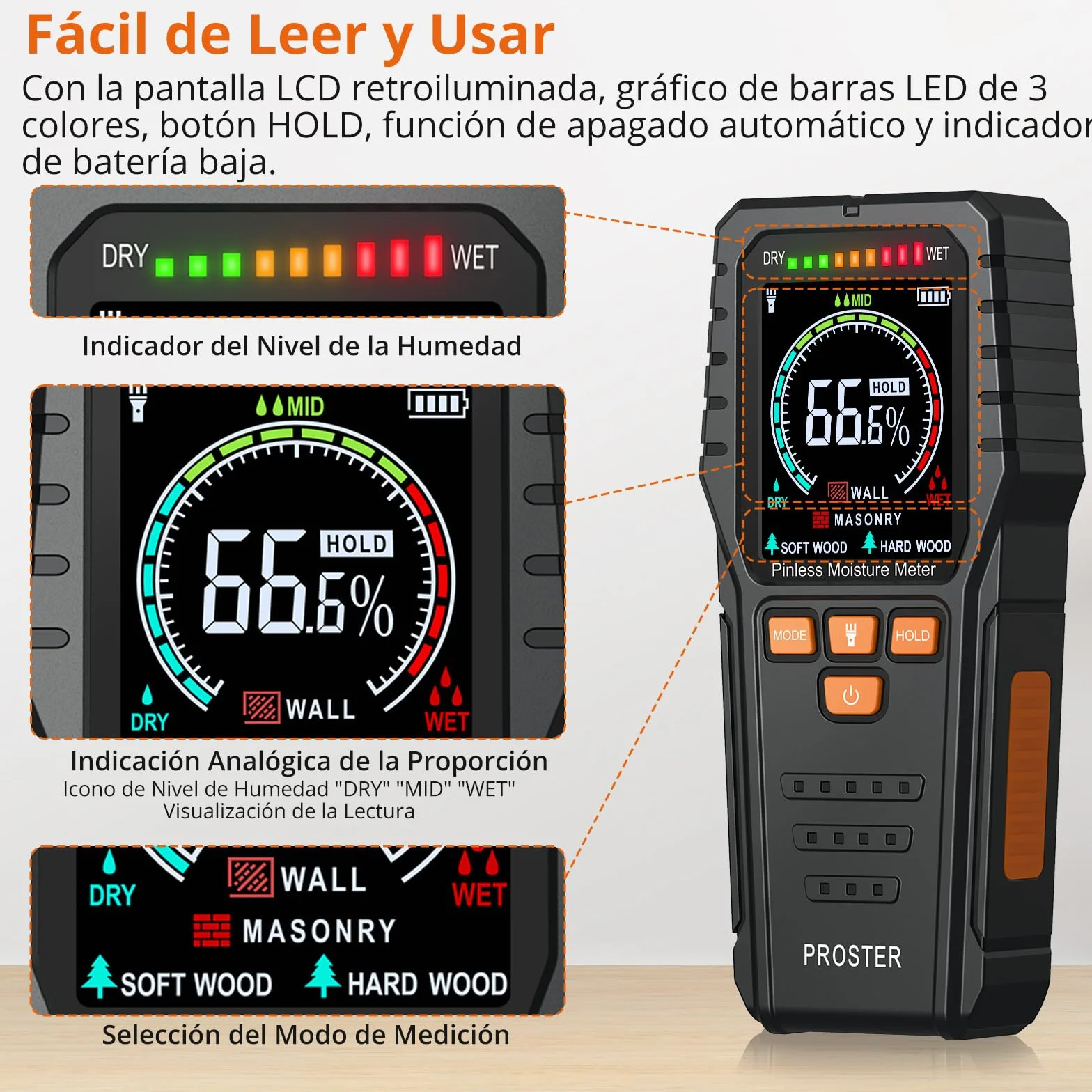 Proster Medidor de Humedad con Batería y Pantalla LCD Medidor de Humedad de Madera Sin Pin con Botón HOLD, Alarma,Función de Apagado Automático Detector de Humedad para Paredes de Yeso y Madera,etc