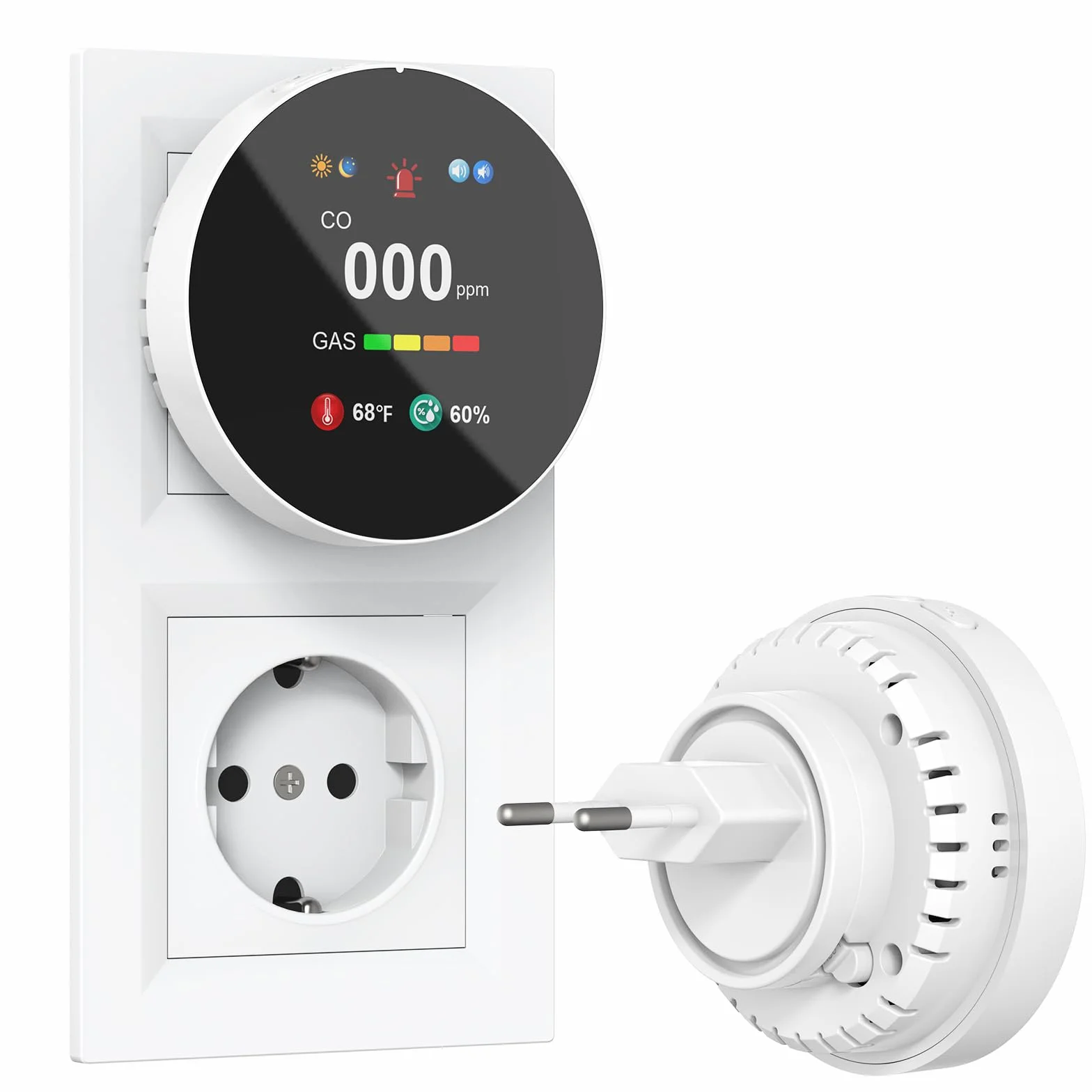 Detector de Monóxido de Carbono y Gas con Enchufe, Combinado Detector de CO 4 en 1 con Sensor de Temperatura y Humedad, Alarma Sonora para Hogar y Caravana, 1 Pieza
