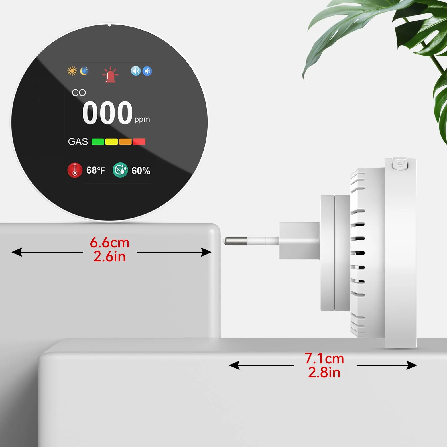 Detector de Monóxido de Carbono y Gas con Enchufe, Combinado Detector de CO 4 en 1 con Sensor de Temperatura y Humedad, Alarma Sonora para Hogar y Caravana, 1 Pieza
