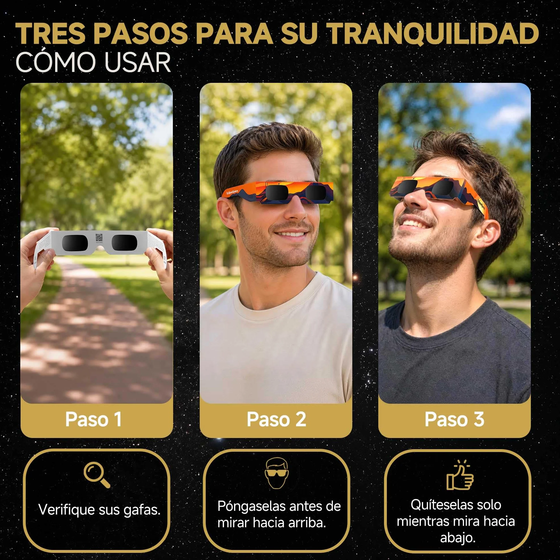 Gafas Eclipse Solar Homologadas ISO 12312-2 Certificación CE - 3 Paquete