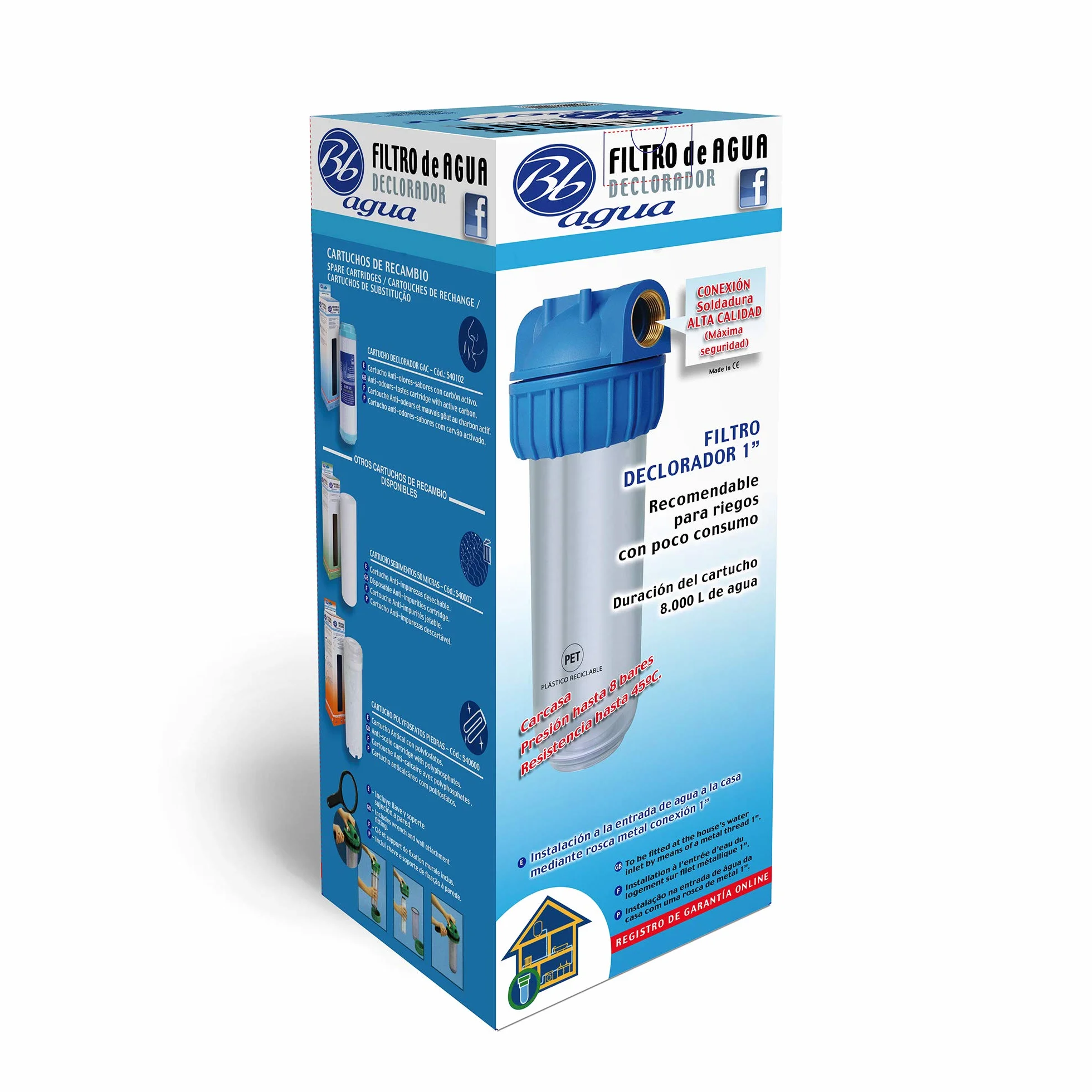 Filtro de agua Declorador GAC 10" con Soporte de Pared y Llave Bbagua