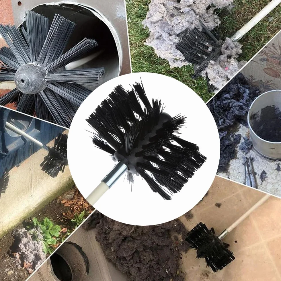 deshollinador de chimeneas, Juego de 17 piezas para limpieza con 12 varillas de 41 cm, 3 cabezas de cepillo de 10/15/20 cm, a varilla hexagonal de 4,5 cm, a cepillo con mango de madera de 38 cm