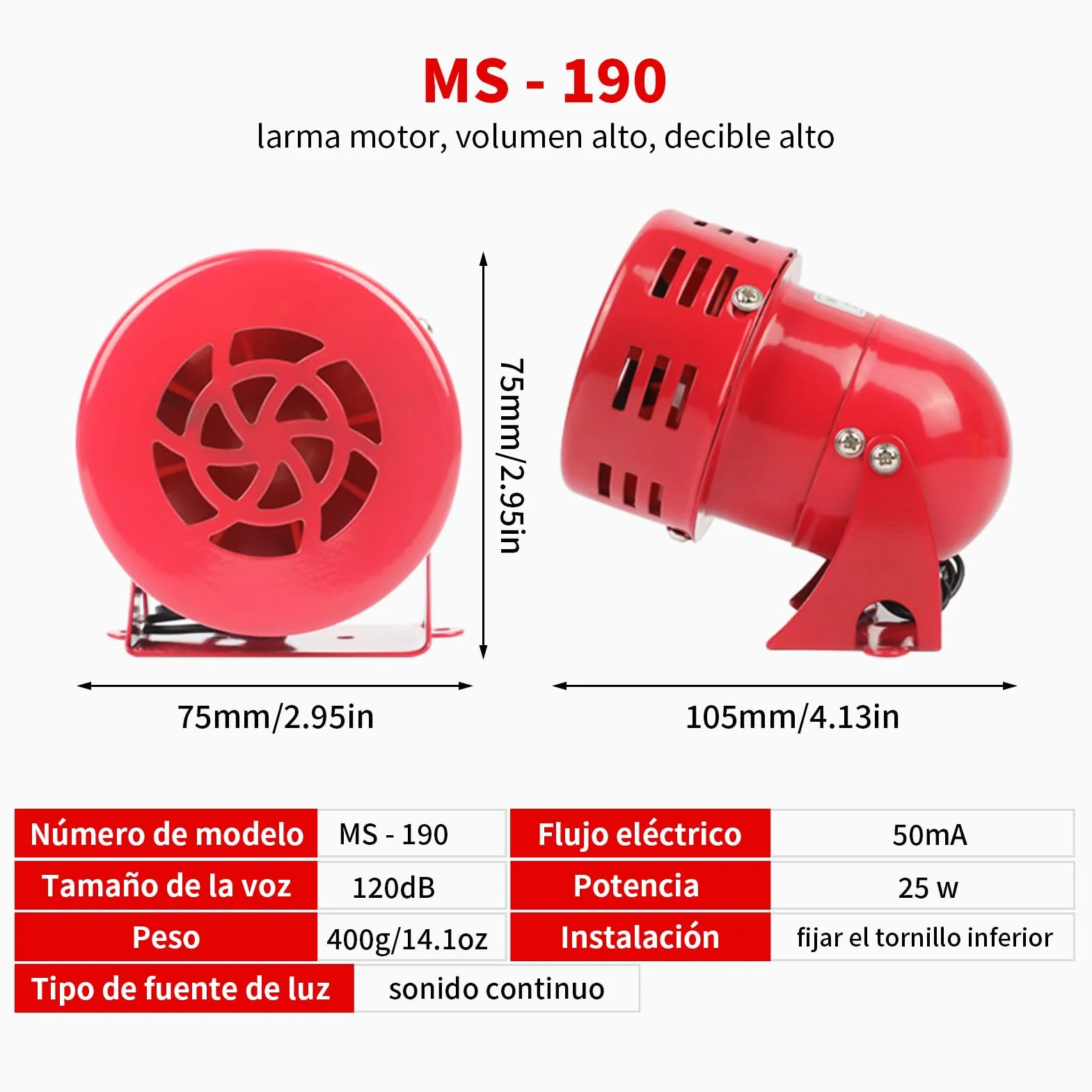 Alarma de Motor Industrial Campana MS-190 220V 120DB Rojo