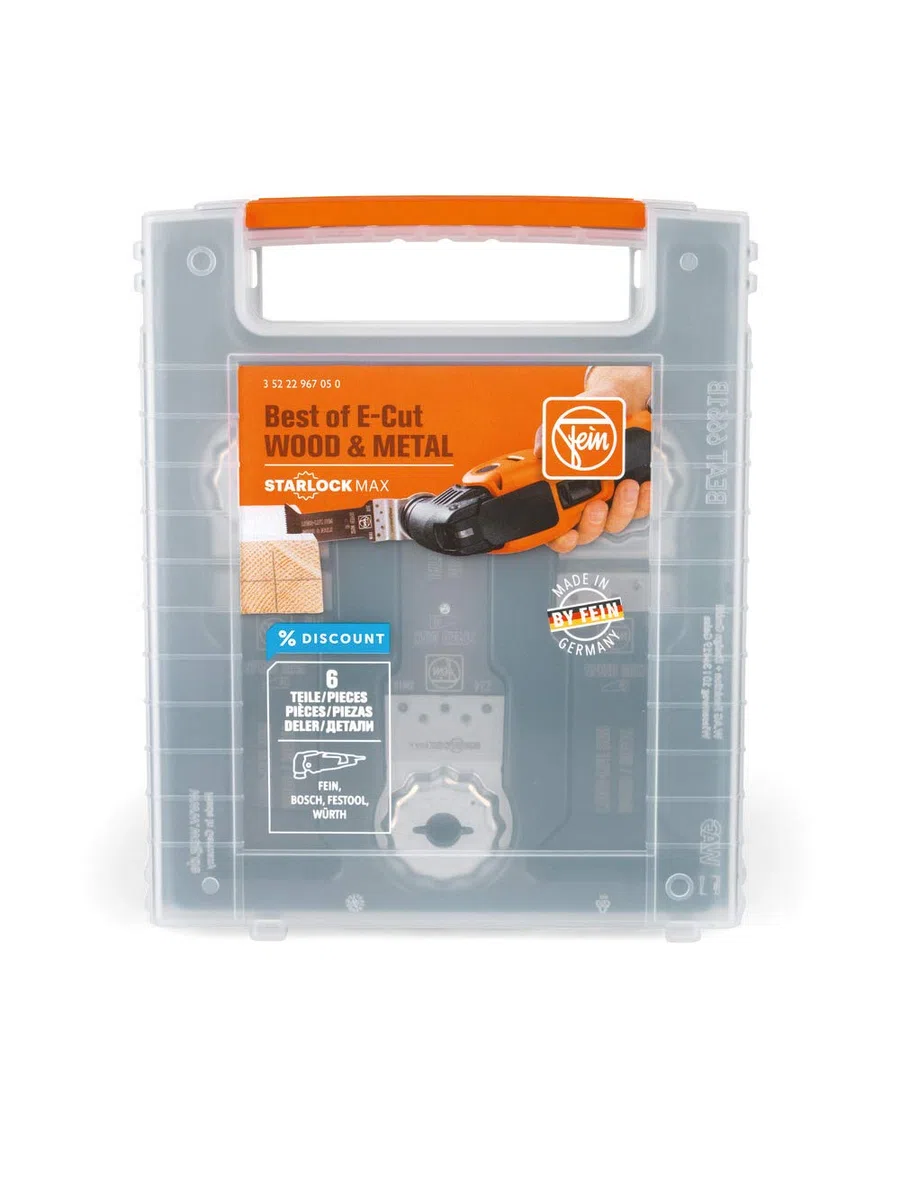 FEIN Best of E-Cut StarlockMax WOOD & METAL|6 hojas de sierra E-Cut extralargas para cortar madera y metal a gran profundidad, alojamiento StarlockMax, compatible con herramientas multifunción FEIN