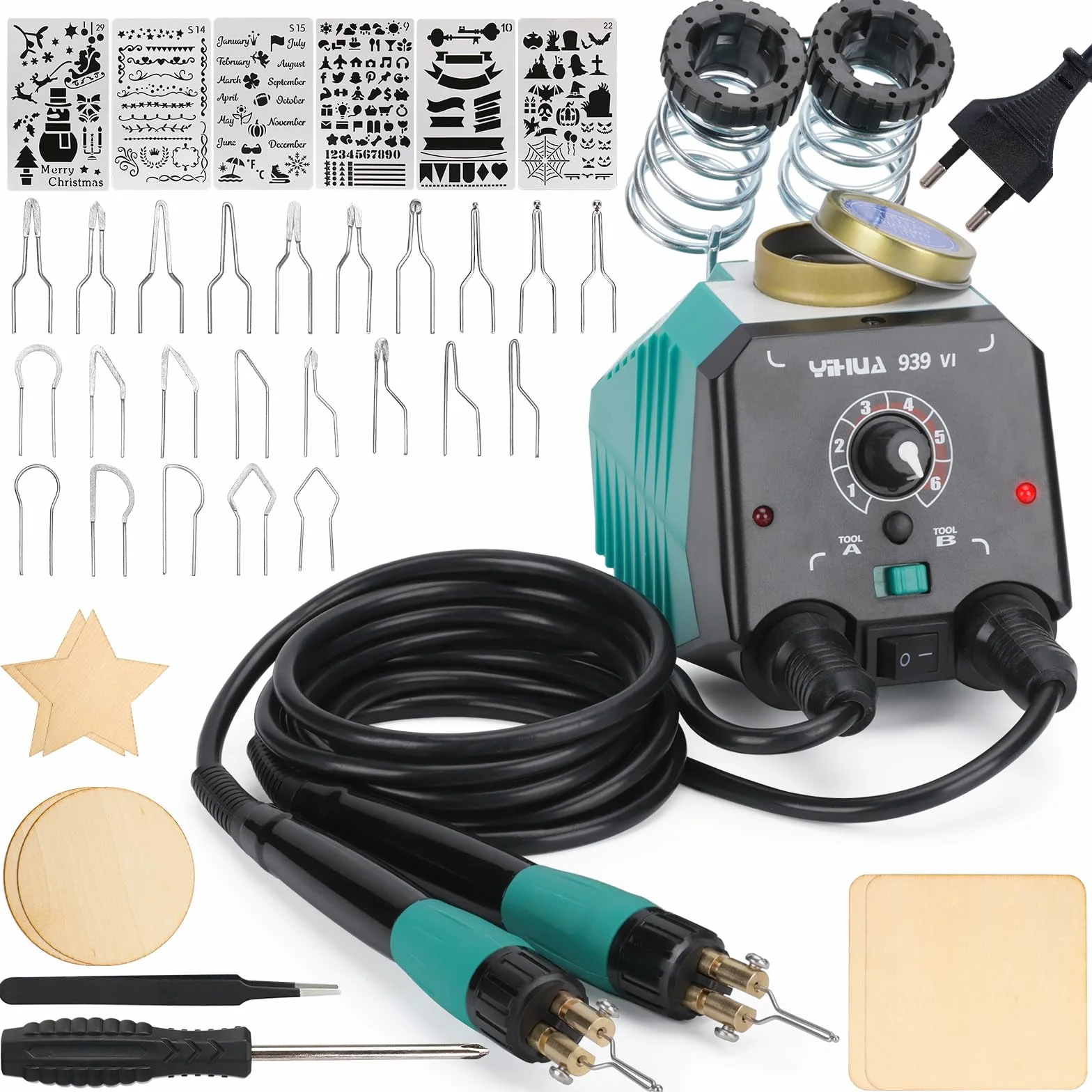 YIHUA 939-VI Kit Pirograbador de Madera de Doble Pluma con 23 Puntas de Alambre, Pluma de Pirografo Desmontable, 6 Piezas de madera Para Pirograbado, 6 Plantillas, Destornillador y Pinzas