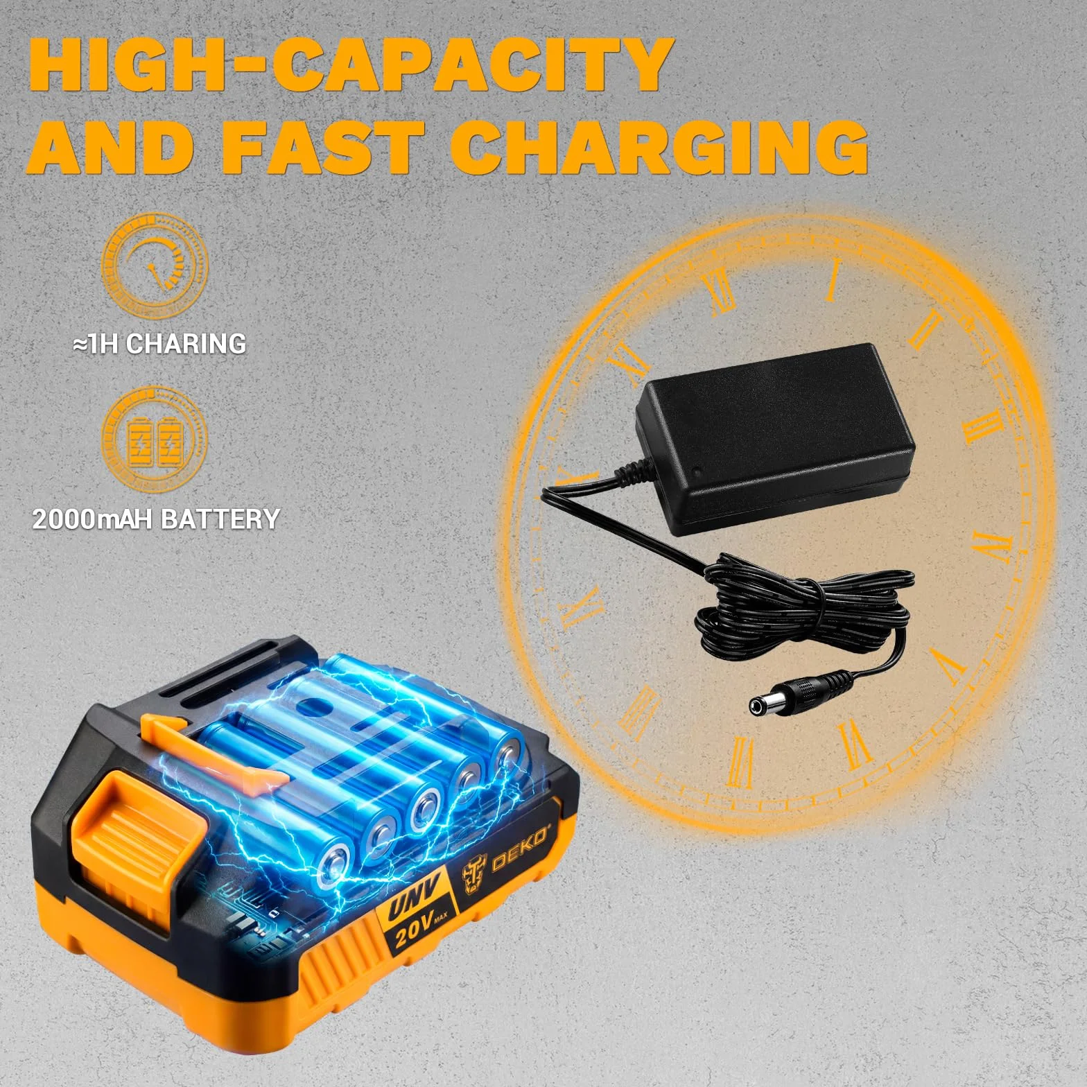 DEKOPRO 20V Lijadora Madera, Alimentada por Batería, 13000 RPM, Incluye 3 Accesorios Adicionales y 12 Hojas de Lija, Lijadora Madera Incluye Batería de 2,0 Ah y Cargador, Amarillo y Negro