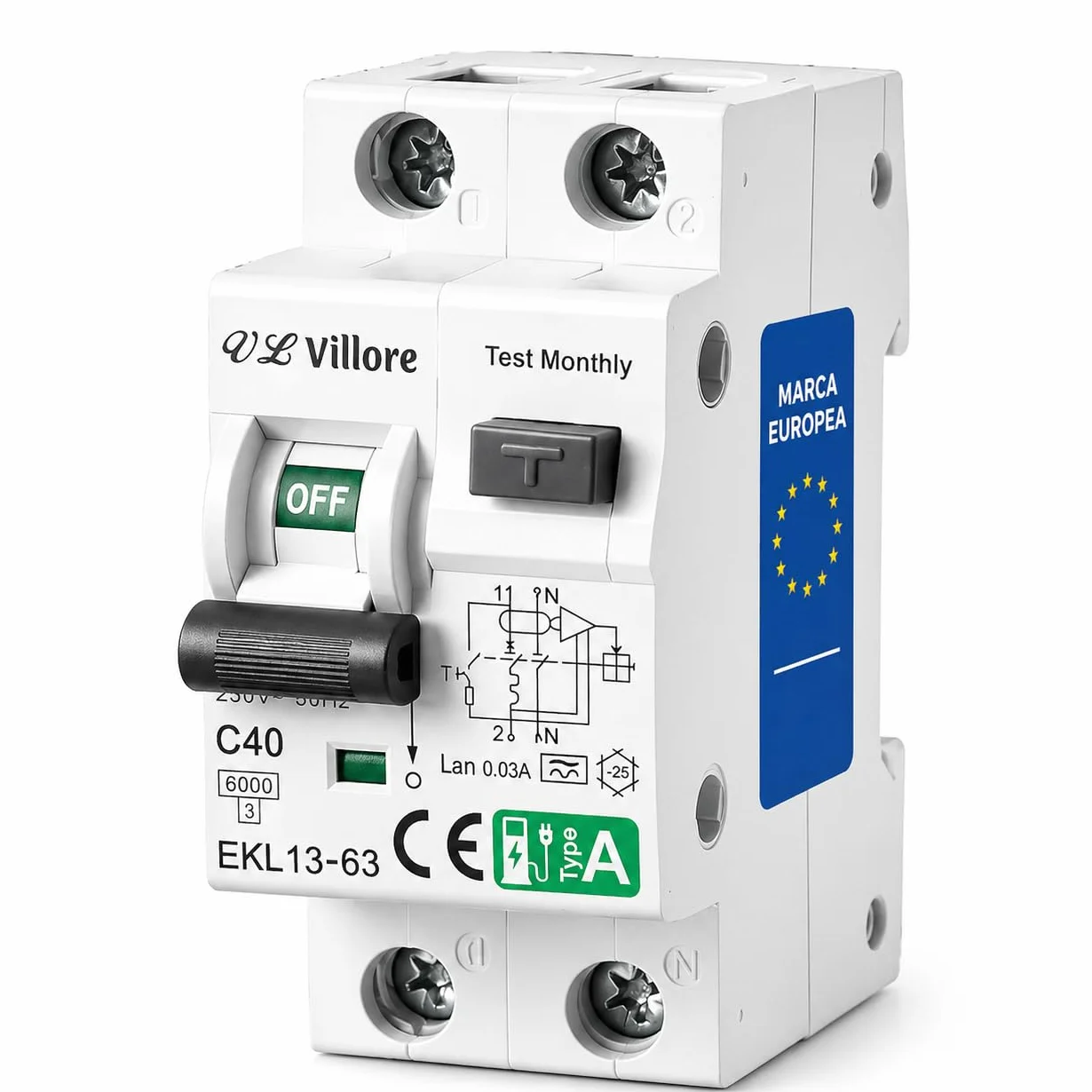 Interruptor diferencial superinmunizado Clase A -RCBO diferencial con magnetotérmico incorporado- SI, con protección sobrecorriente y fugas (40A, 2P, 30mA)