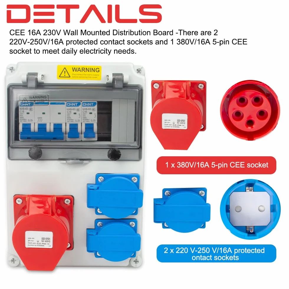 Distribuidor de Corriente 16A, Distribuidor de Corriente para Obras con Interruptor Ls, Tomas 2x230V y 1xCEE 16A con Cable, Tablero Eléctrico para Exteriores, IP44
