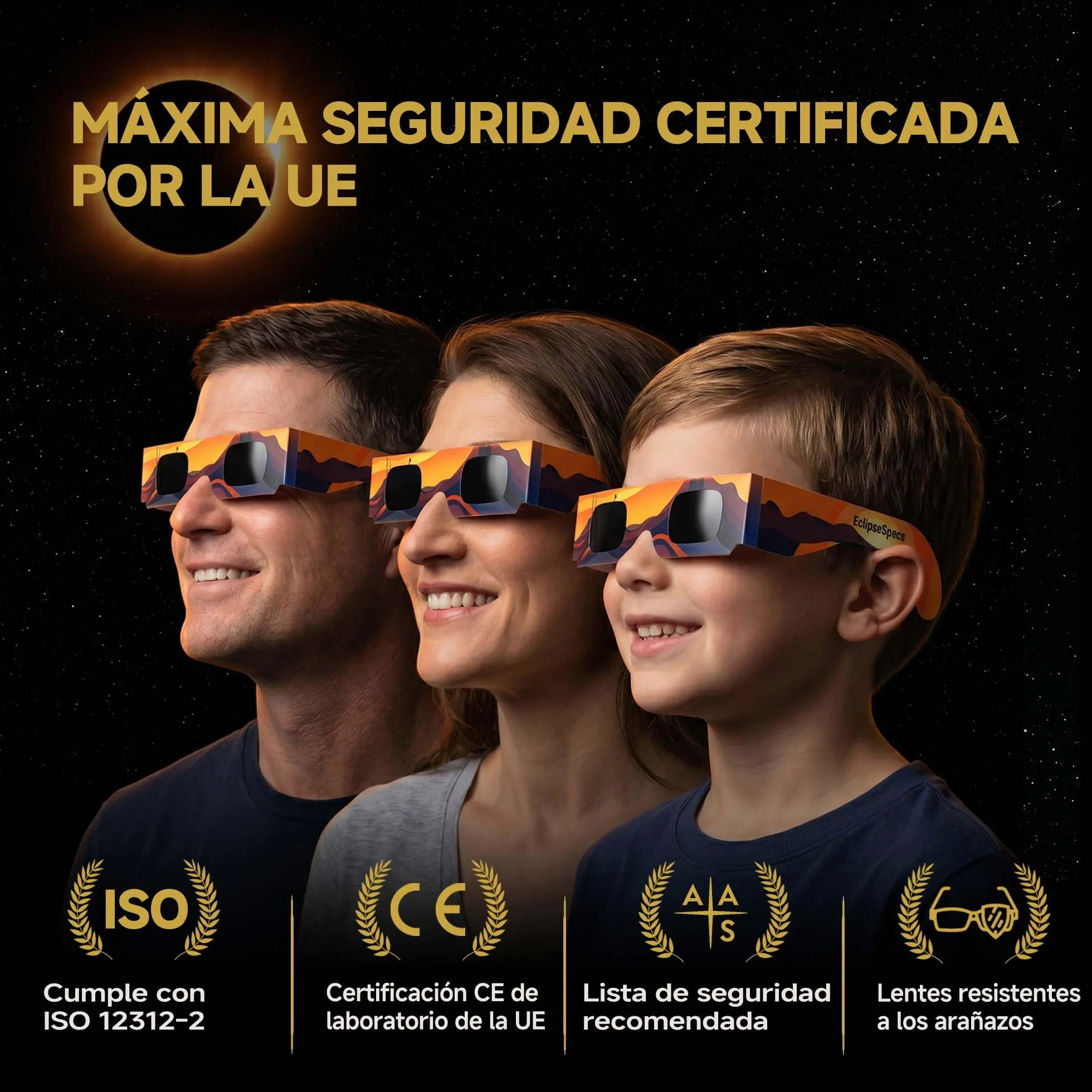 Gafas Eclipse Solar Homologadas ISO 12312-2 Certificación CE - 3 Paquete