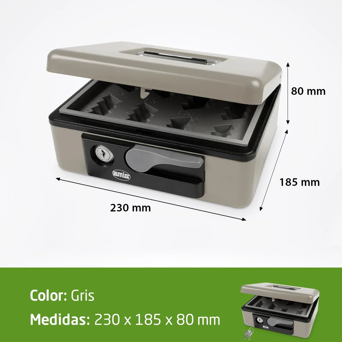 Amig Caja de seguridad para dinero billetes monedas gris acero 230x185x80 mm