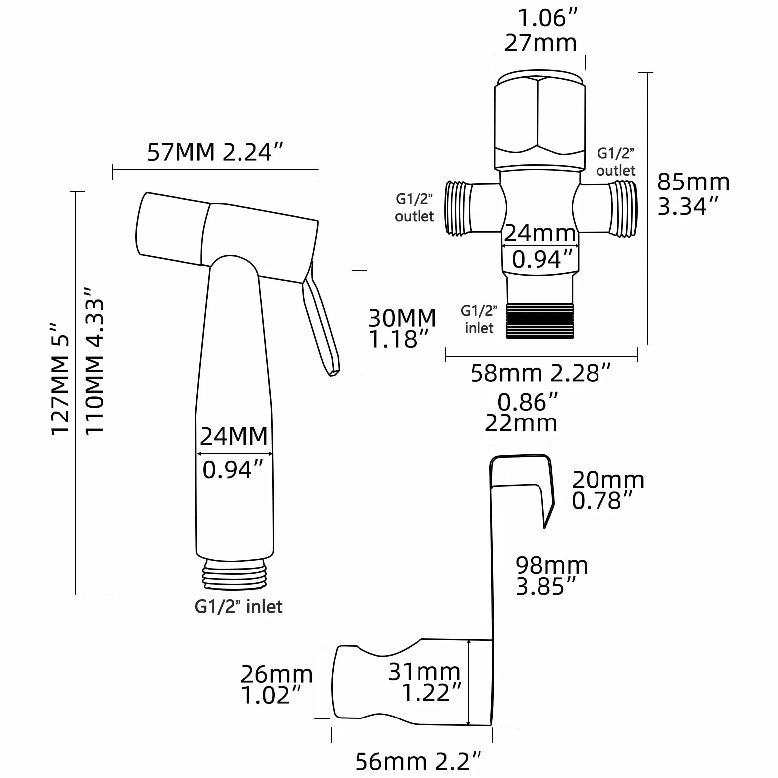 Tecmolog Ducha Bidet Acero Inoxidable, Grifo Portatil WC Kit con Soporte Adaptador Manguera 1.2m