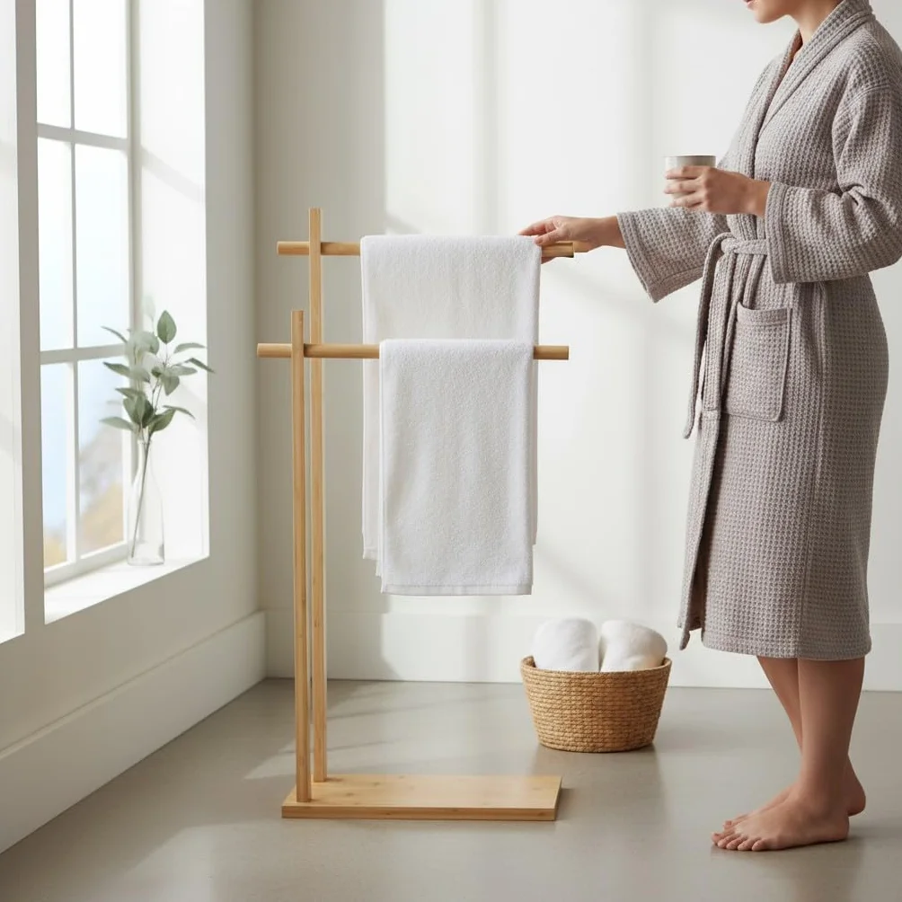 Toallero de pie portátil de madera bambú con 2 porta toallas de barras para baño