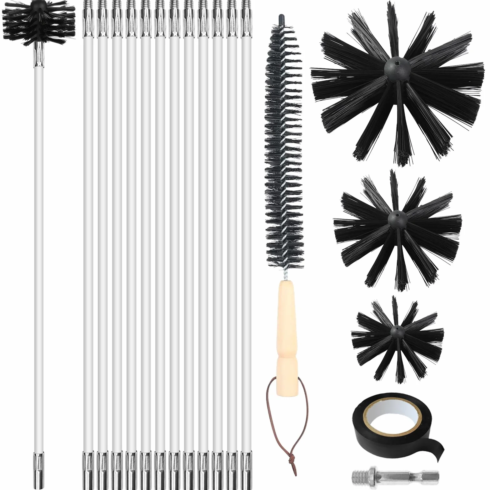 deshollinador de chimeneas, Juego de 17 piezas para limpieza con 12 varillas de 41 cm, 3 cabezas de cepillo de 10/15/20 cm, a varilla hexagonal de 4,5 cm, a cepillo con mango de madera de 38 cm