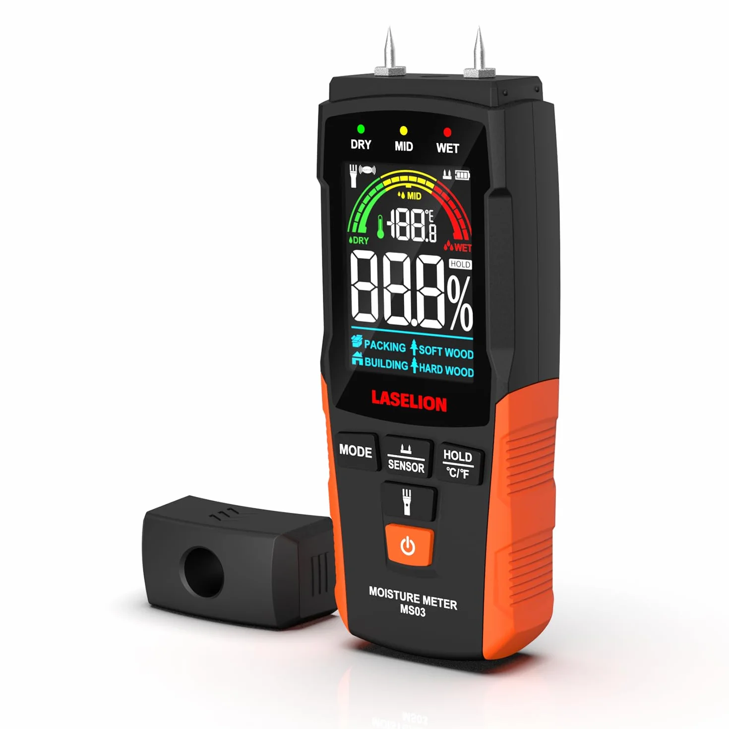 LASELION Medidor de Humedad 2 en 1 - Detección 0-40mm, Con y Sin Agujas, Higrómetro Humedad con Preciso para Madera, Hormigón y Construcción - Pantalla LCD, Linterna - MS03