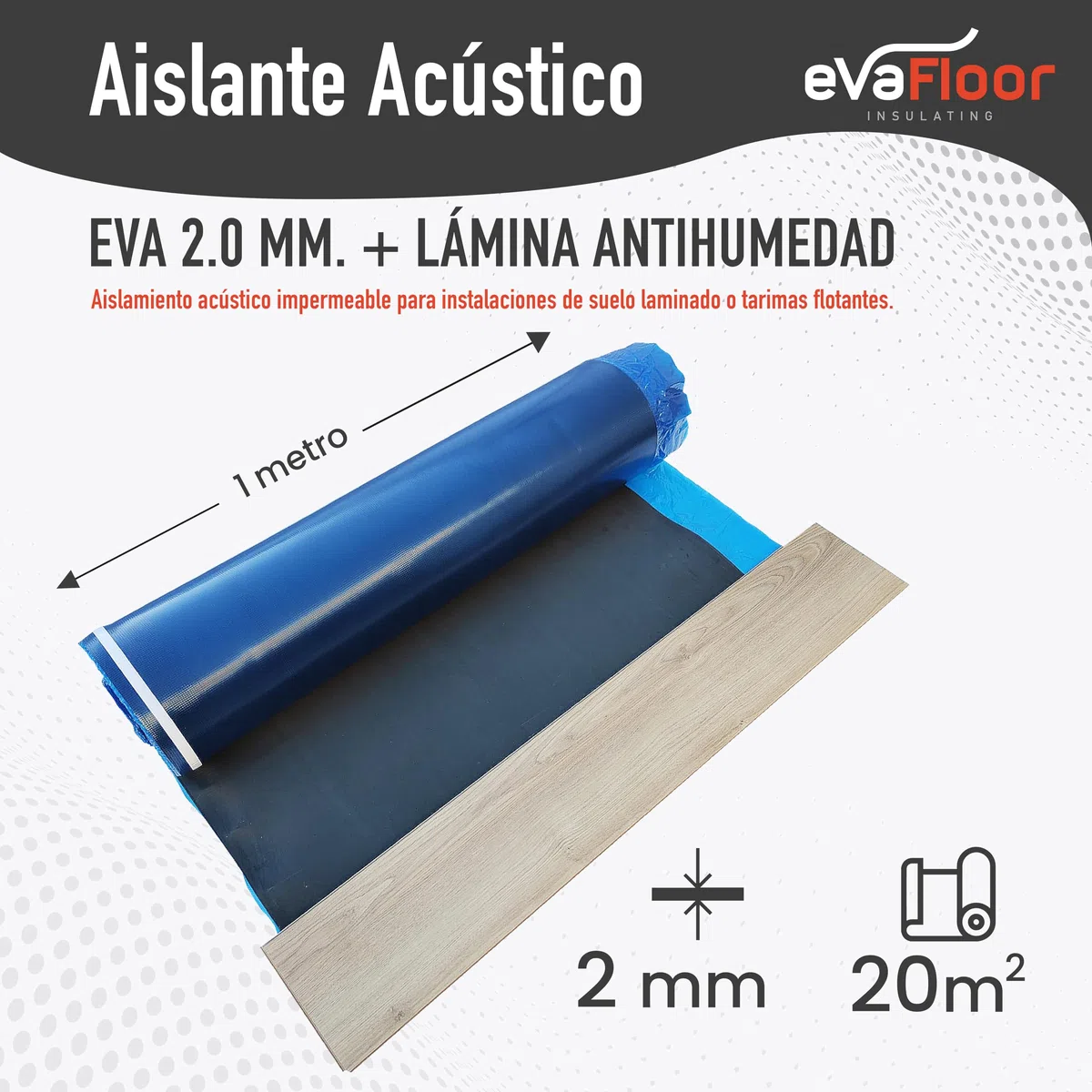 Aislante Suelo Laminado 1x20 metros | Base Aislante Suelo Laminado Antihumedad | Fabricado con base de Eva 2mm + Lámina Antihumedad | Incluye Adhesivo