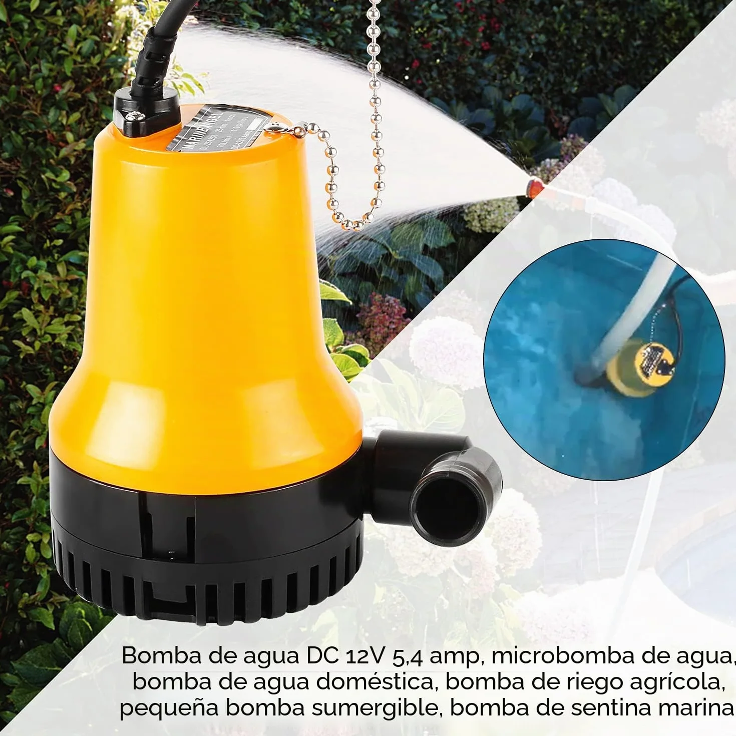 Bomba sumergible DC 12V 60W 3600L/h para estanque con cable 1,3 m