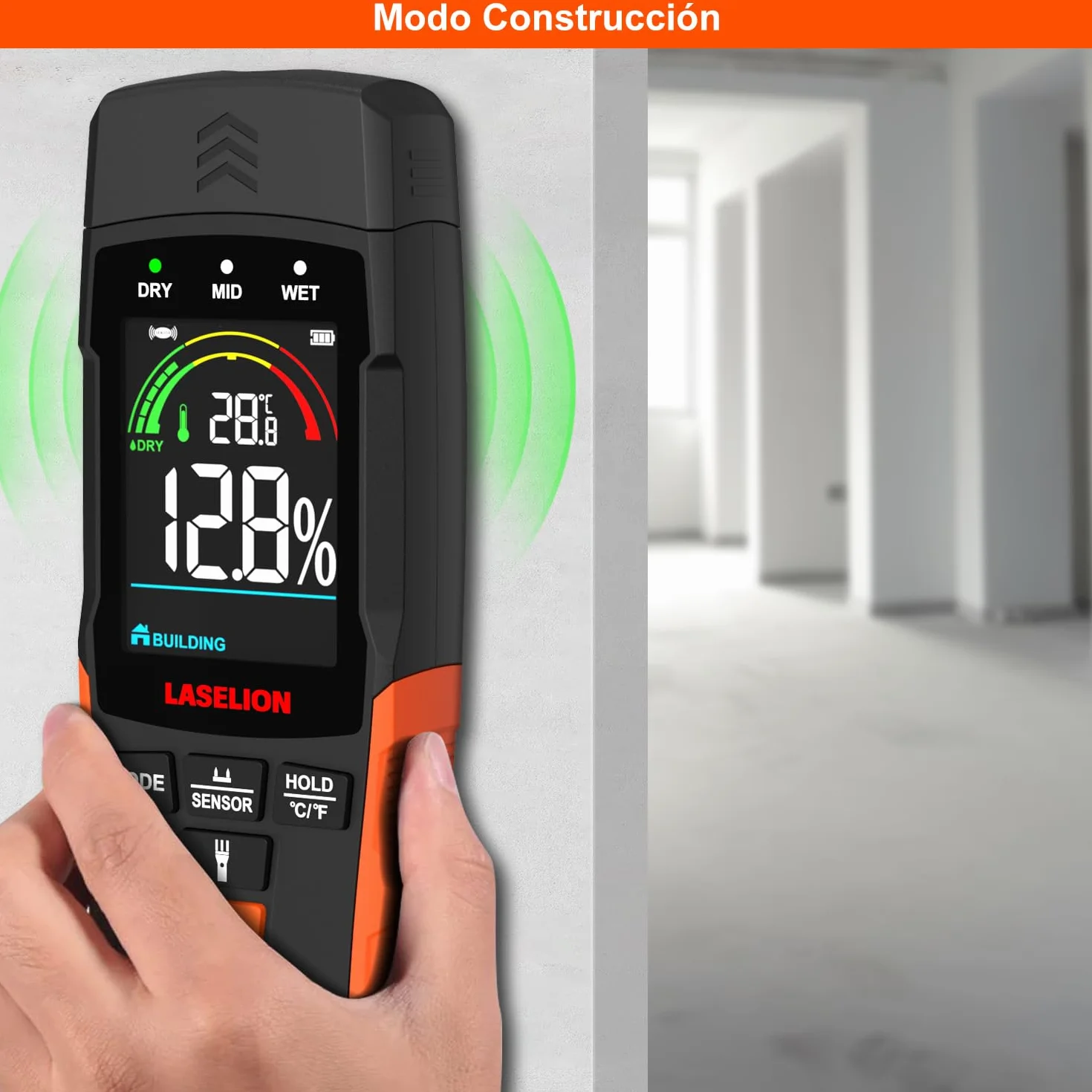 LASELION Medidor de Humedad 2 en 1 - Detección 0-40mm, Con y Sin Agujas, Higrómetro Humedad con Preciso para Madera, Hormigón y Construcción - Pantalla LCD, Linterna - MS03