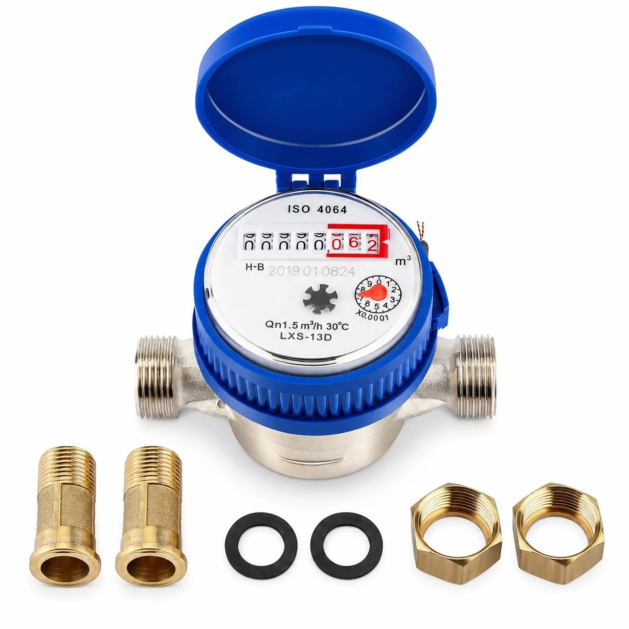 1/2" Contador De Agua Fría, Medidor De Agua Mecánico para Casa Y Jardín, Medidor De Flujo De Agua Mecánico Doméstico Medidor De Consumo De Agua Caudalimetro Agua con Accesorios De Montaje