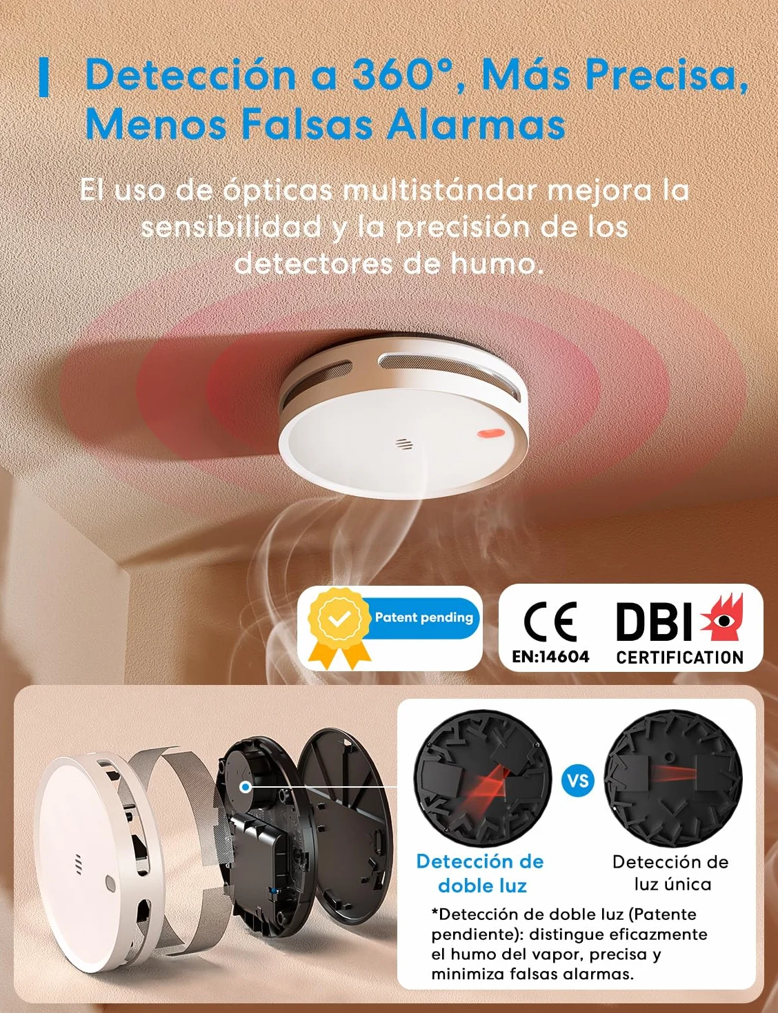 Meross Smart Detector De Humo Conectado con Notificación App, Alarma De Incendios WiFi con Doble Sensor Óptico, Detector De Humos, 33 mm, Hub Requerido, 1 Unidad