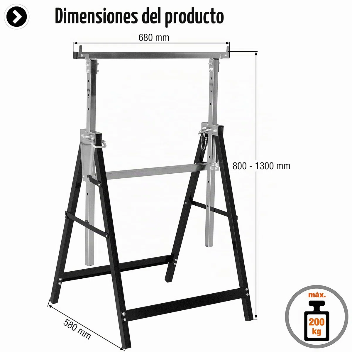 Meister Soporte de Metal 200 kg - Plegable - Altura de trabajo variable de 800 a 1300 mm - Ajuste de altura de 7 niveles - Con ganchos de seguridad/Soporte telescópico / 5258110