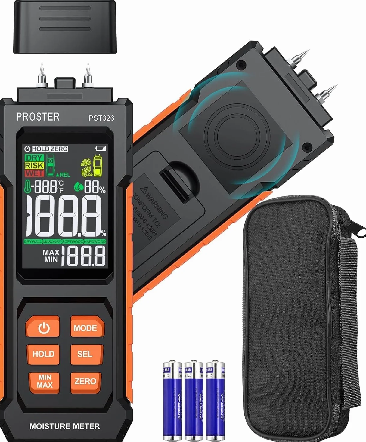 Proster Medidor de Humedad de Madera Probador de Humedad 2 EN 1 con y sin Pin Humidímetro Digital con 4 Modos y Temperatura y Humedad Ambientales para Madera y Materiales de Construcción