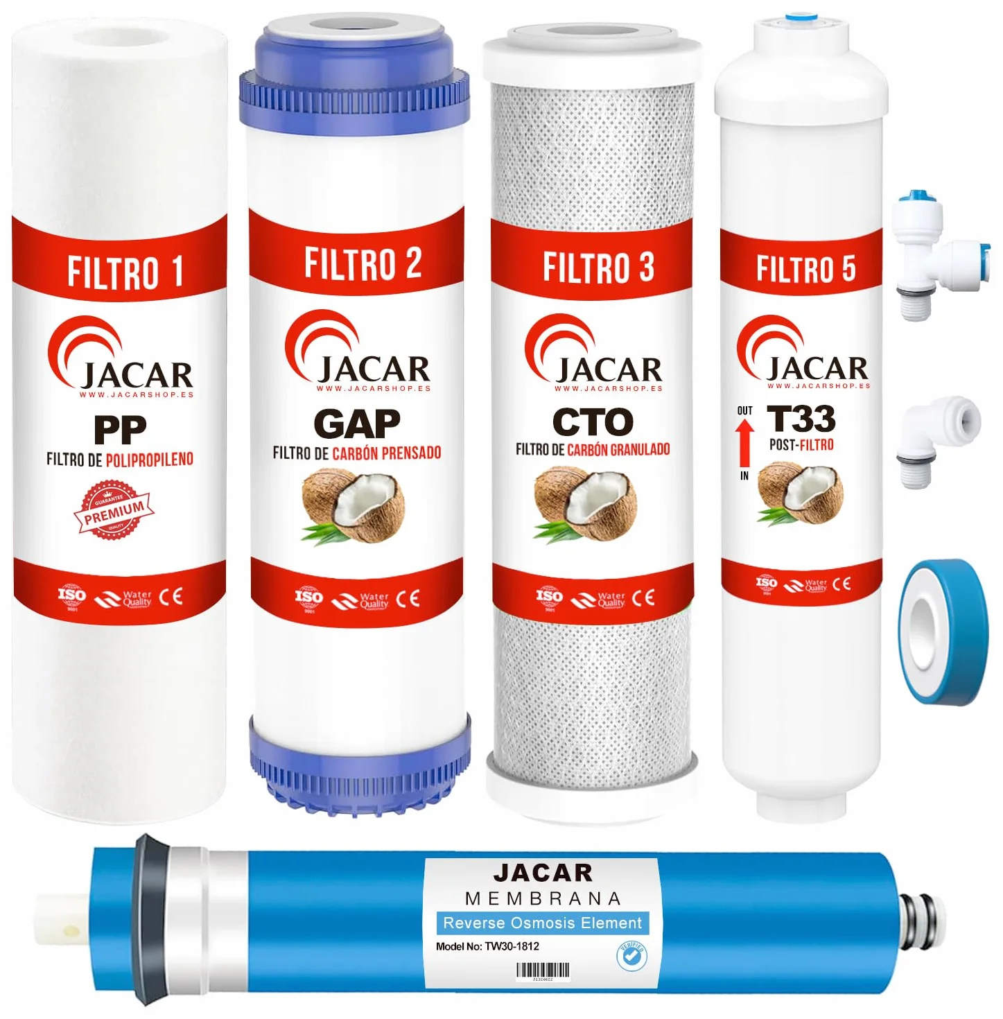 JACAR Filtros de Osmosis Inversa de 5 Etapas Universales con Membrana 50 GPD, Kit Recambios para Agua