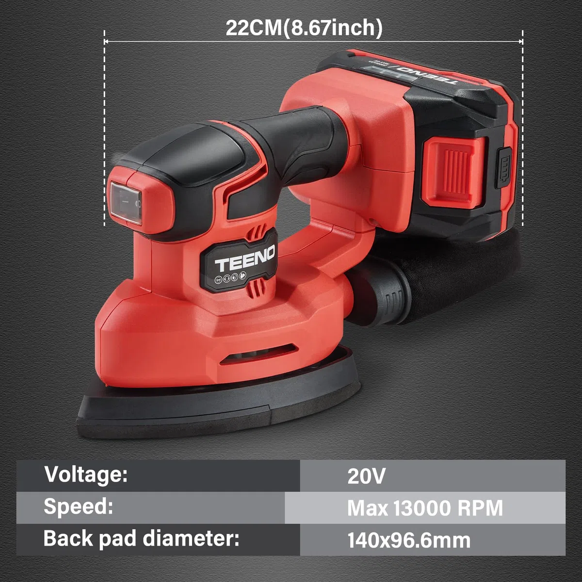 TEENO Lijadora de Detalle Mouse 20V, 3 en 1 Herramienta Eléctrica a Batería, Velocidad 13.000 RPM, Lijadora Madera con Bolsa de Filtro, 15 Papeles de Lija, Ideal para Esquinas y Paredes