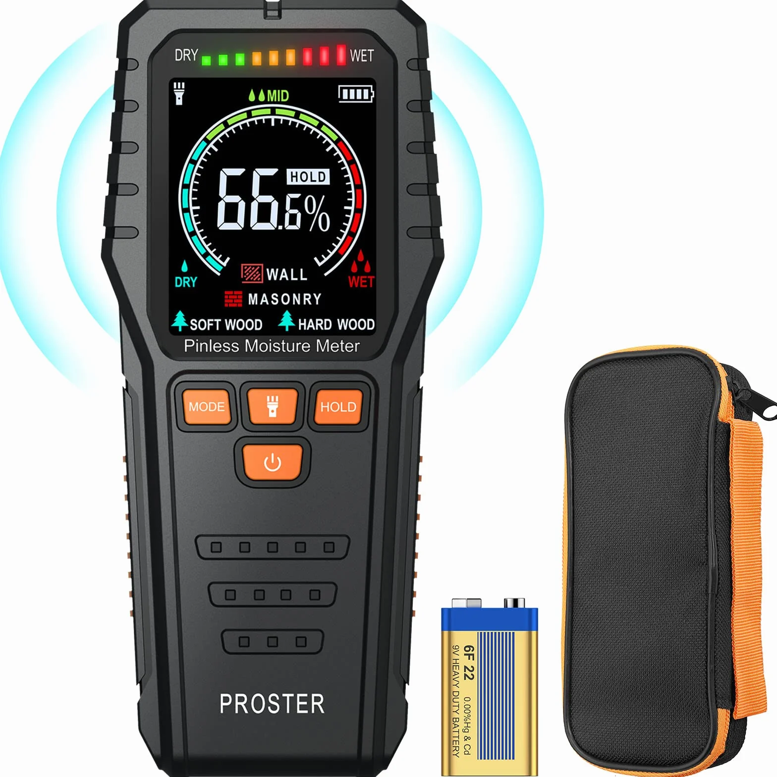 Proster Medidor de Humedad con Batería y Pantalla LCD Medidor de Humedad de Madera Sin Pin con Botón HOLD, Alarma,Función de Apagado Automático Detector de Humedad para Paredes de Yeso y Madera,etc