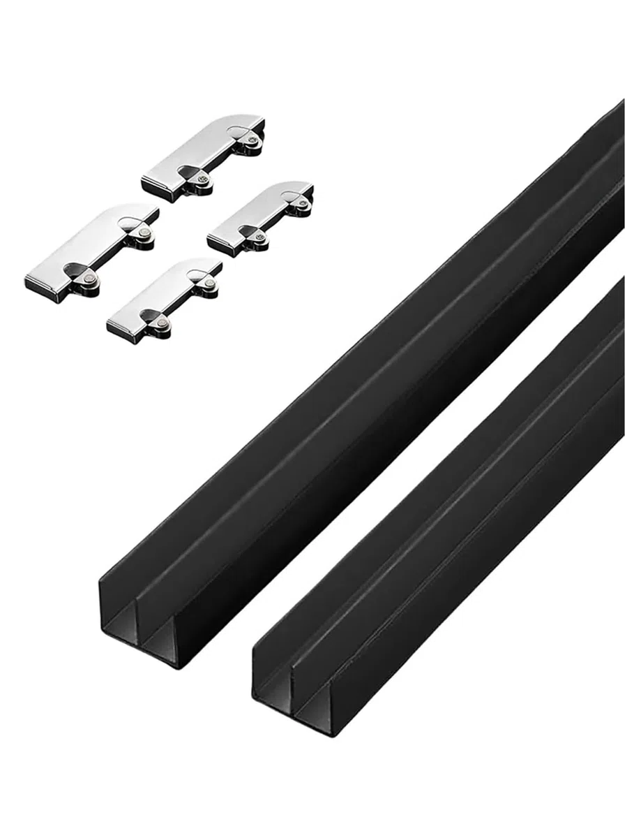 Riel para Puerta corrediza de Vidrio de 5 mm - Riel Deslizante Negro para gabinete con Kit de Rodillos para estantería y Vitrina (110 cm)