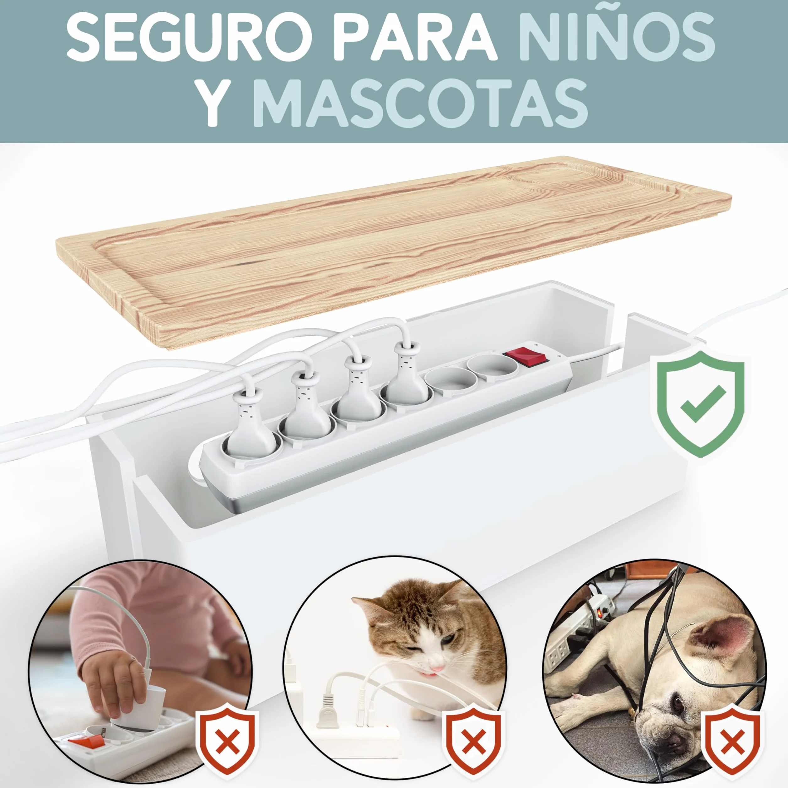 Nature Supplies Organizador de Cables de Madera de Pino Blanco - Caja Mediana para Escritorio y Grande para Piso