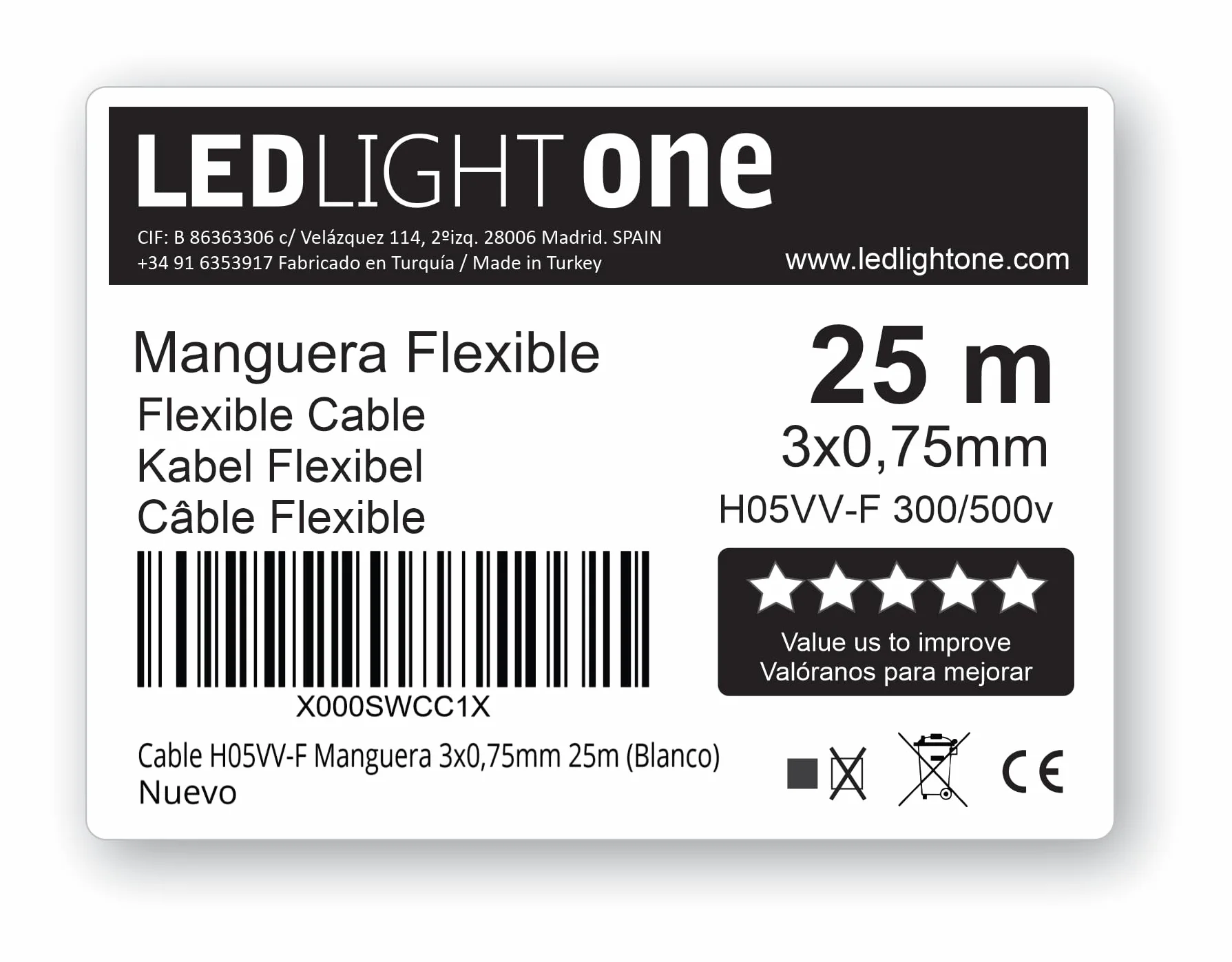 Cable eléctrico H05VV-F Manguera 3x0,75mm 25m Blanco 500V 70°C