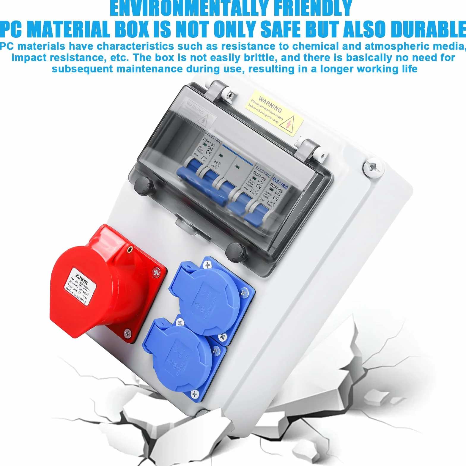 Caja de distribución, distribuidor de corriente para obra, distribuidor de pared, con interruptor automático, 2 tomas Schuko y CEE 16A, distribuidor de corriente impermeable, completamente