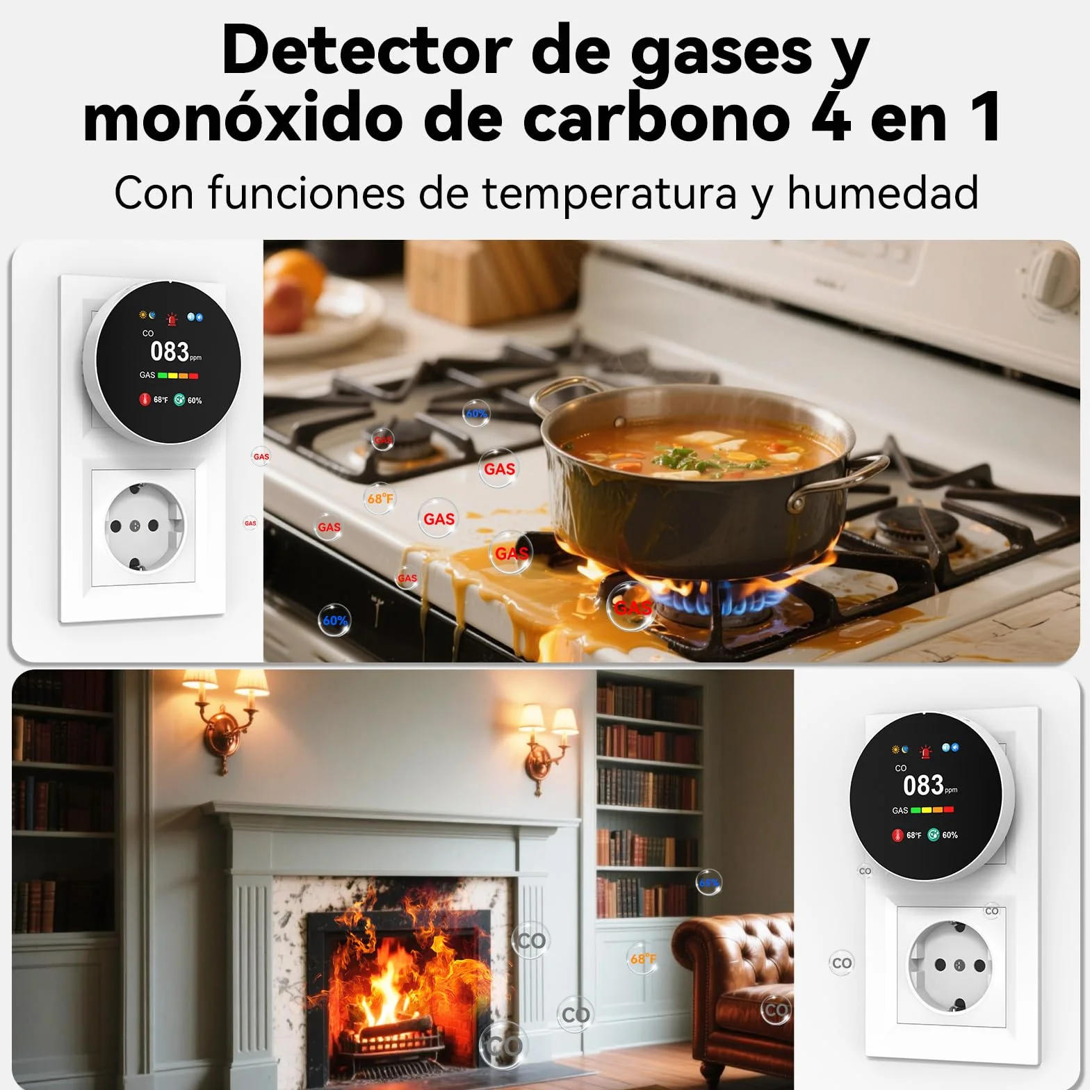 Detector de Monóxido de Carbono y Gas con Enchufe, Combinado Detector de CO 4 en 1 con Sensor de Temperatura y Humedad, Alarma Sonora para Hogar y Caravana, 1 Pieza