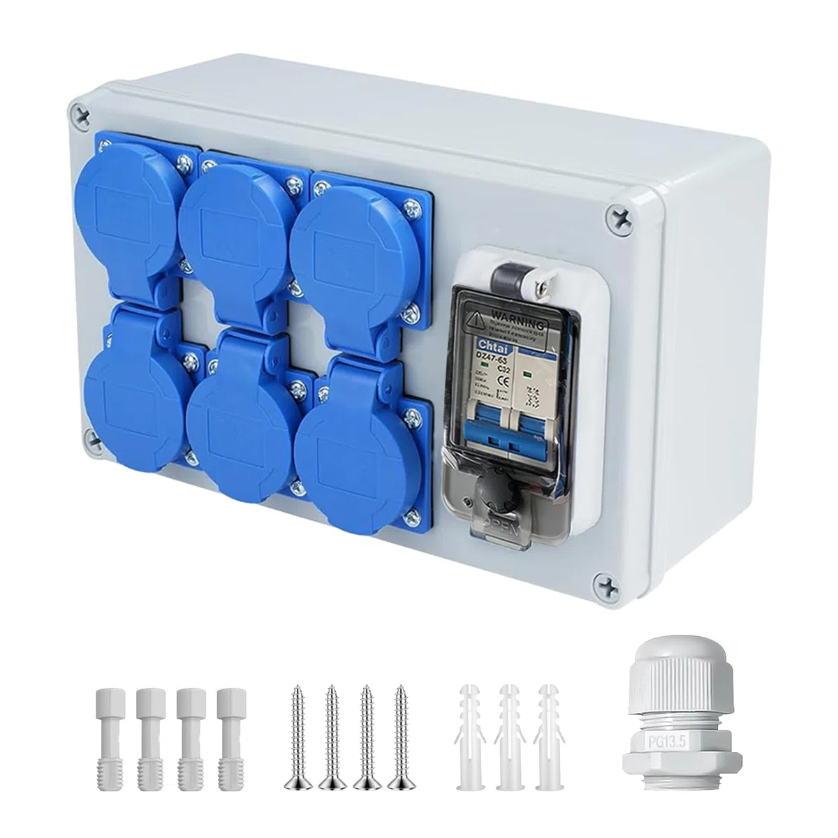 Distribuidor de Corriente para Construcción 250V, Distribuidor de Corriente de Pared 16A con Disyuntor, 6 Tomas, IP54 Estanco, Distribuidor de Energía Consumida para Talleres y Fábricas
