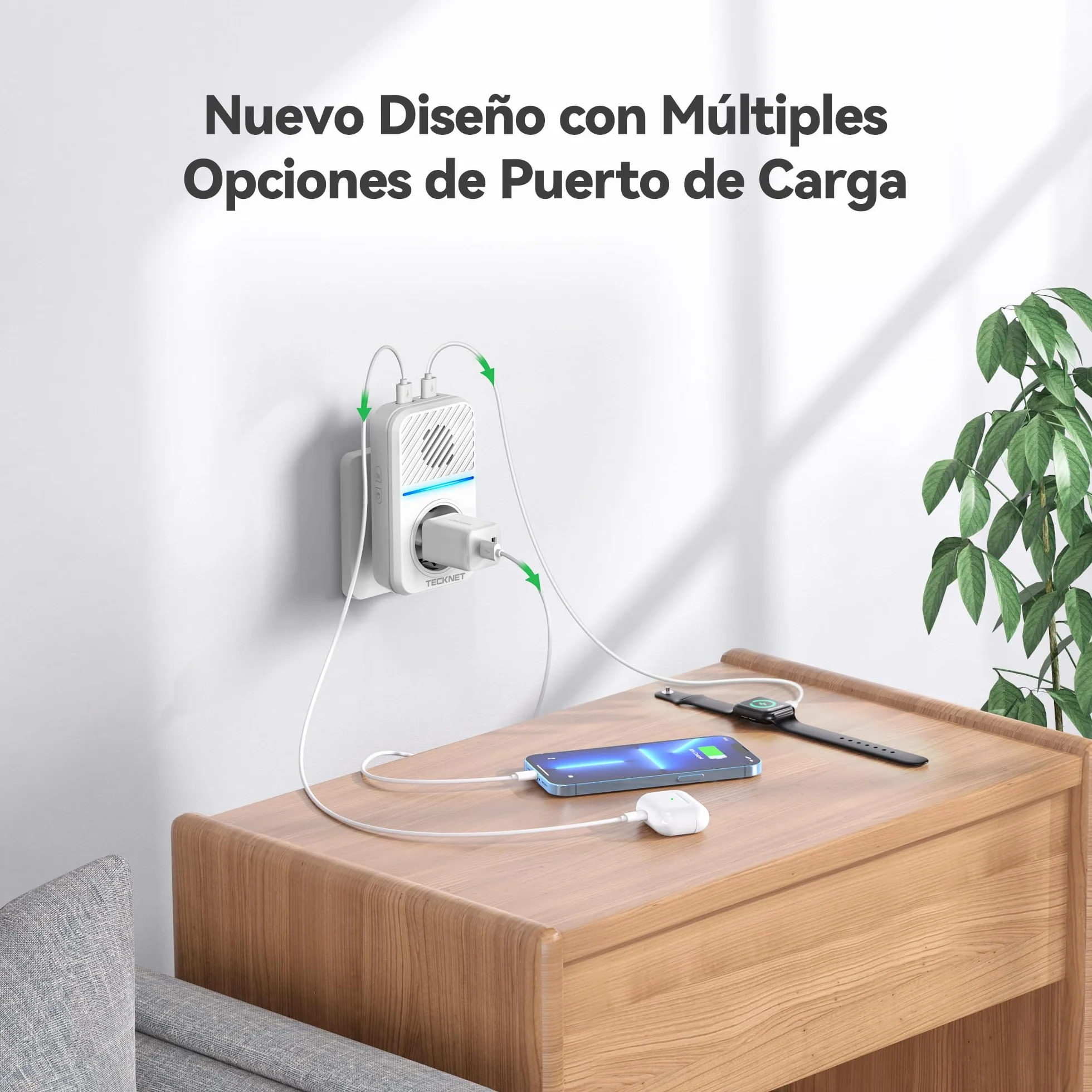 TECKNET Timbre Inalámbrico, 400M Timbre Inalámbrico Autoalimentado, IP65 Timbre Electrónico Impermeable, Kit de Timbre con Tomas USB Externas y Luz LED, 60 Melodías, 5 Niveles de Volumen