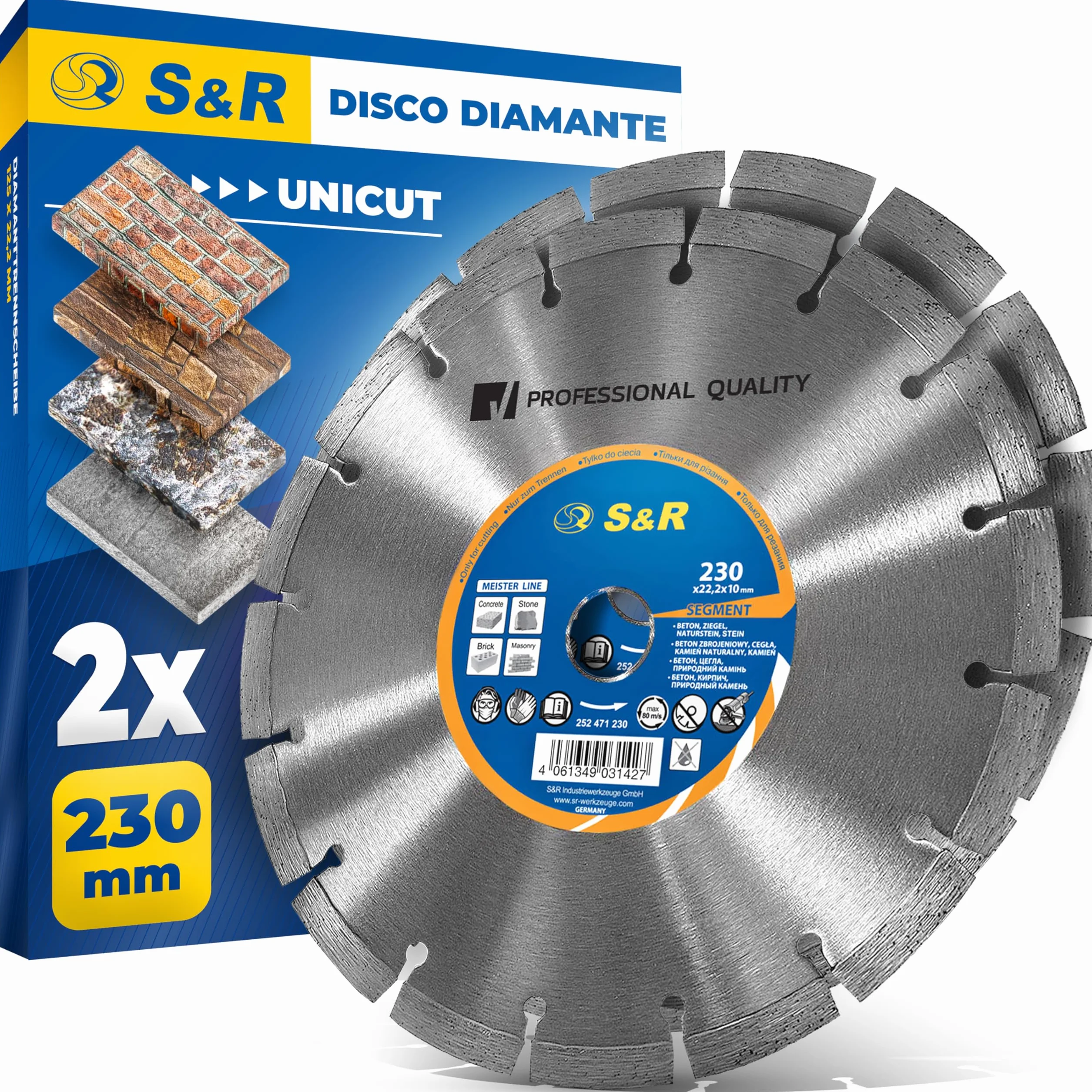S&R Disco Diamante 230 Hormigón - Juego 2 Discos Tronzador Diamante Amoladora 230 mm Hormigón, Piedra, Ladrillos. Disco de diamante de Segmento 10mm
