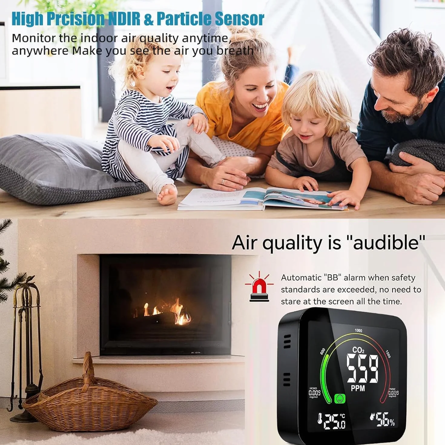 Medidor CO2 Detector CO2 Gas, 5 en 1 Detector de CO2 con Pantalla LED Medidor de Humedad y Temperatura TVOC HCHO Dormitorio Oficina Coche
