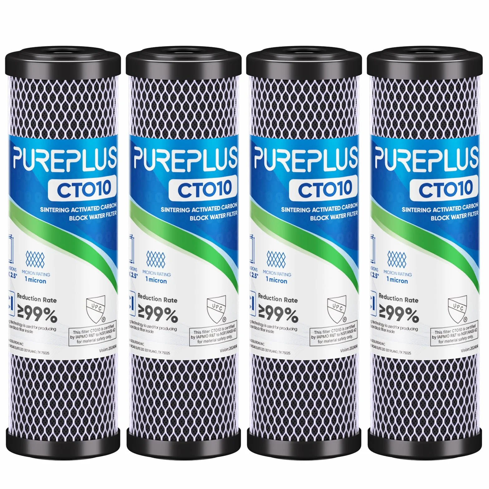PUREPLUS ICP-S-CTO10 Cartucho Filtrante de Carbón Activado Sinterizado 10" x 2.5" Paquete de 4
