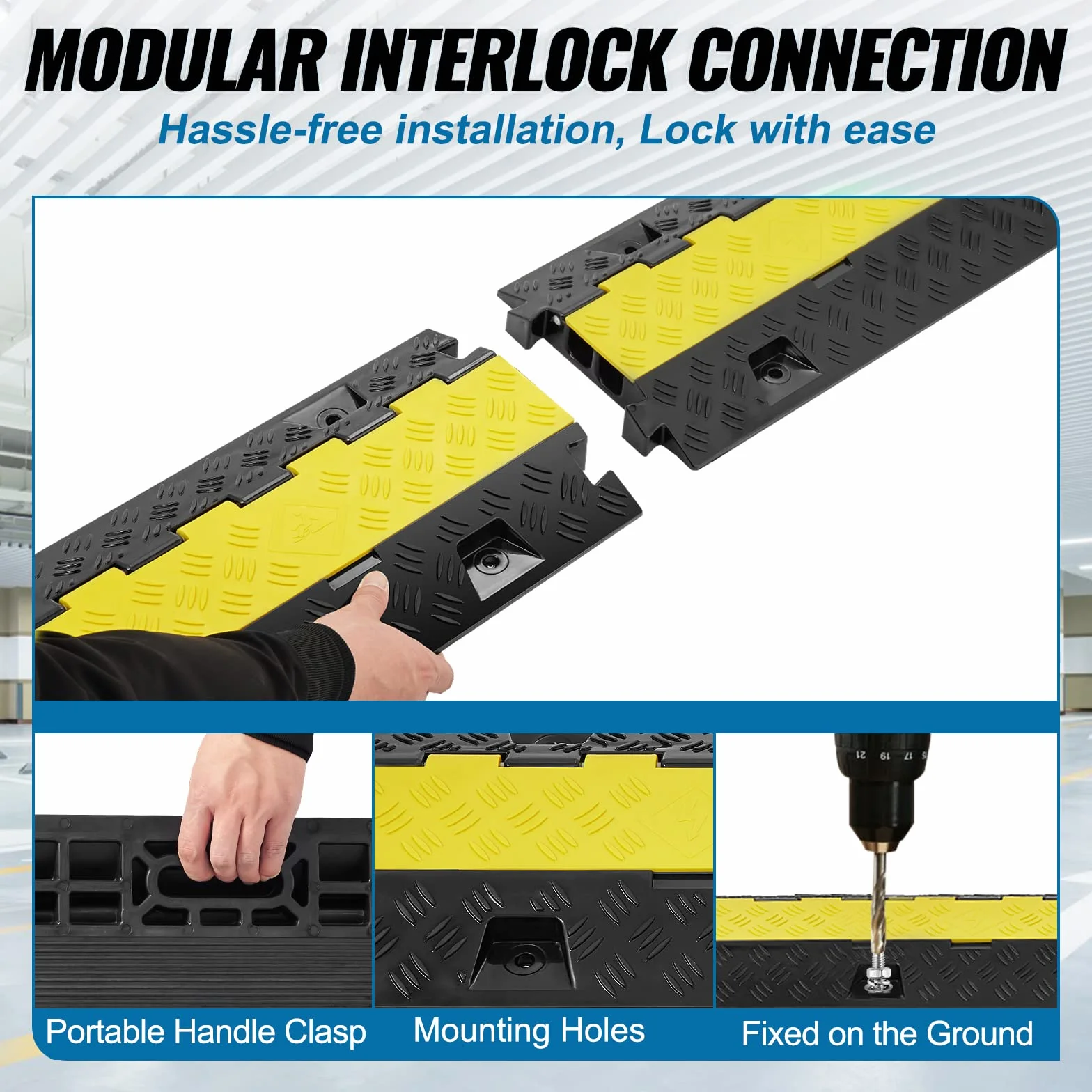 VEVOR Rampa de Protección de Cable 1 Pieza 2 Vías Canaleta Pasacables de Suelo 3,05 x 2,79 cm Protector de Cables de TPU y TPR Carga de 10,000 kg/Eje Cubiertas de Suelo para Cables Negro y Amarillo