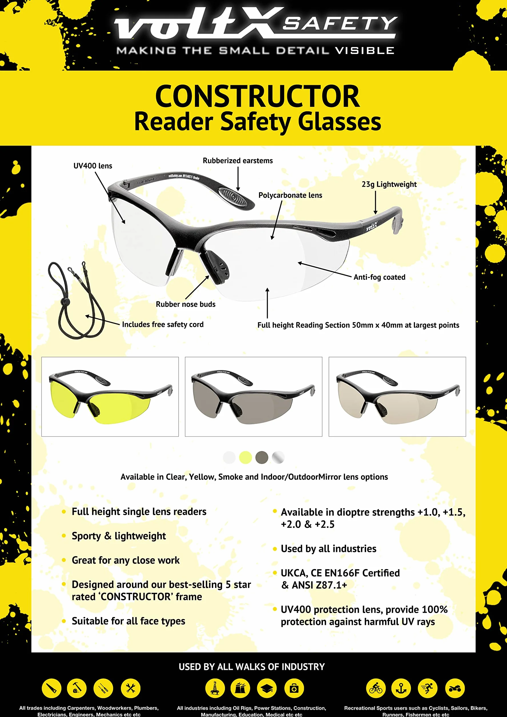 voltX 'Constructor' (TRANSPARENTES dioptría +2,00) Gafas de Seguridad con aumento total de lente (no bifocal), incluye cordón con tope regulable y funda rígida + Lente UV400 con recubrimiento antivaho