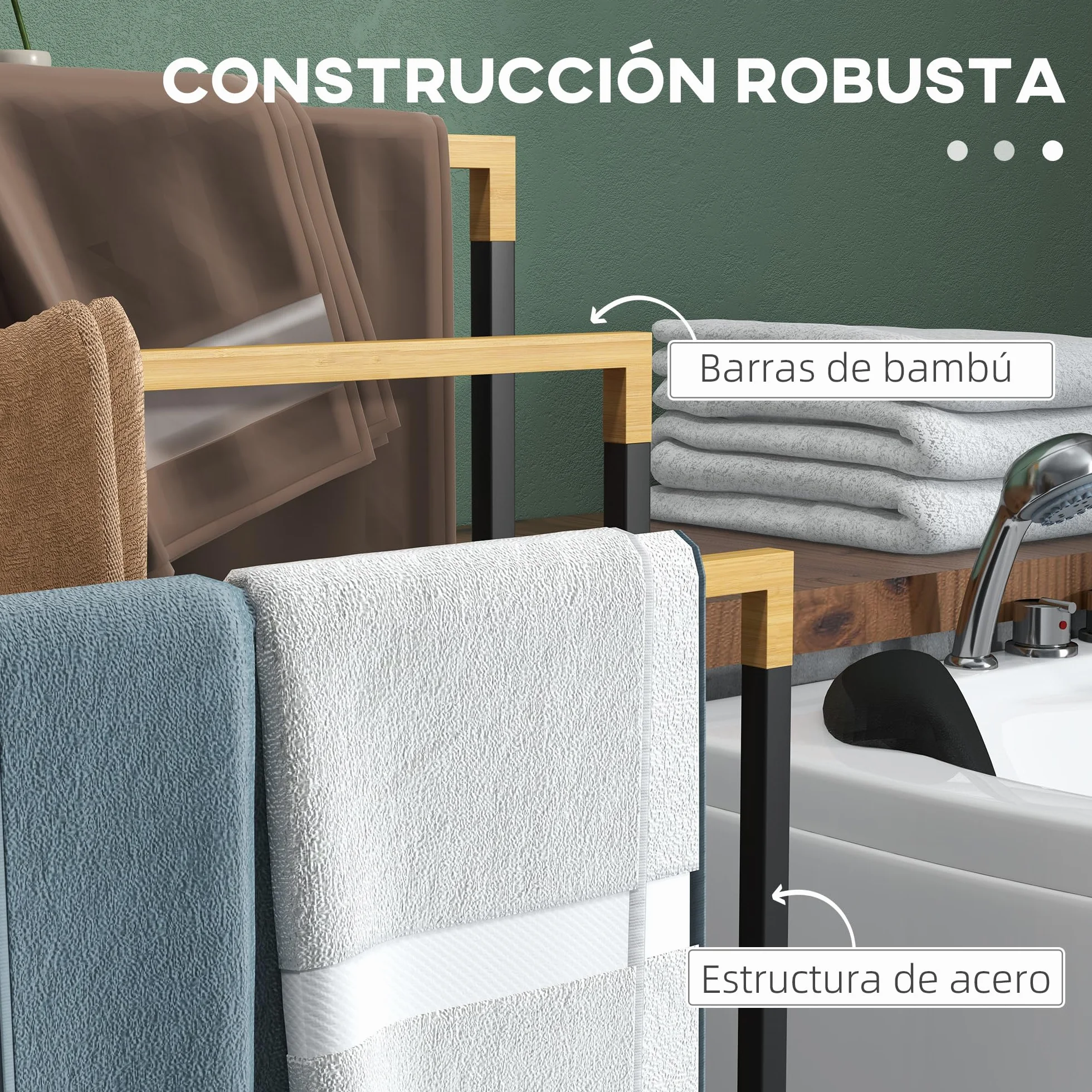 Kleankin Toallero Escalera 3 Niveles con 3 Barras de Bambú y Marco de Acero para Baño 45x22,5x86 cm Negro y Natural