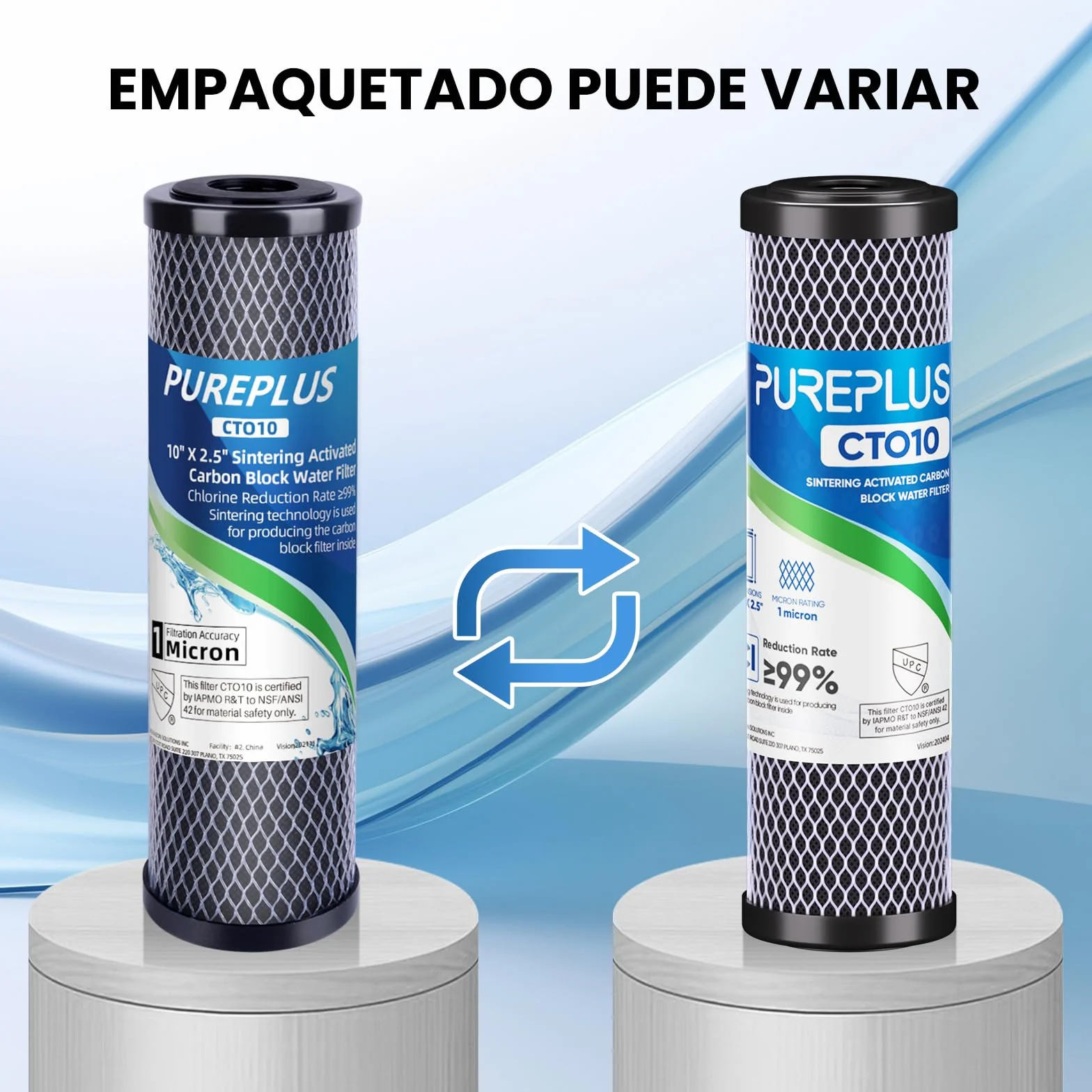 PUREPLUS ICP-S-CTO10 Cartucho Filtrante de Carbón Activado Sinterizado 10" x 2.5" Paquete de 4
